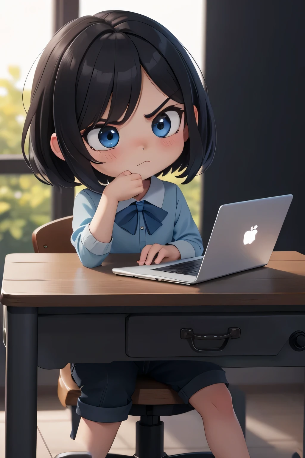 ((Best quality at best)), ((tmasterpiece)), (Detailed pubic hair), the perfect face, cute chibi girl, black hair, writing on a laptop, sitting at a desk, Wearing office clothes, In a sunshine, Under the blurry shade, mad face, little chibi characters running around her