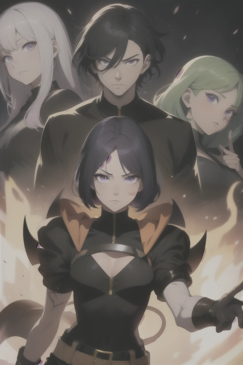 Drawing of a woman with burns on his arms and arms, short and violet hair, sharp violet eyes with thick eyelashes, black shirt with open hands, futuristic Tetsu, Kentaro Miura manga art style, manga character, Kentaro Miura manga style, Kaneki Ken, Sui Ishida with black hair, manga style Kentaro Miura, a handsome man in Demon Slayer art, female anime character, high quality color drawing, Okata Kazuto