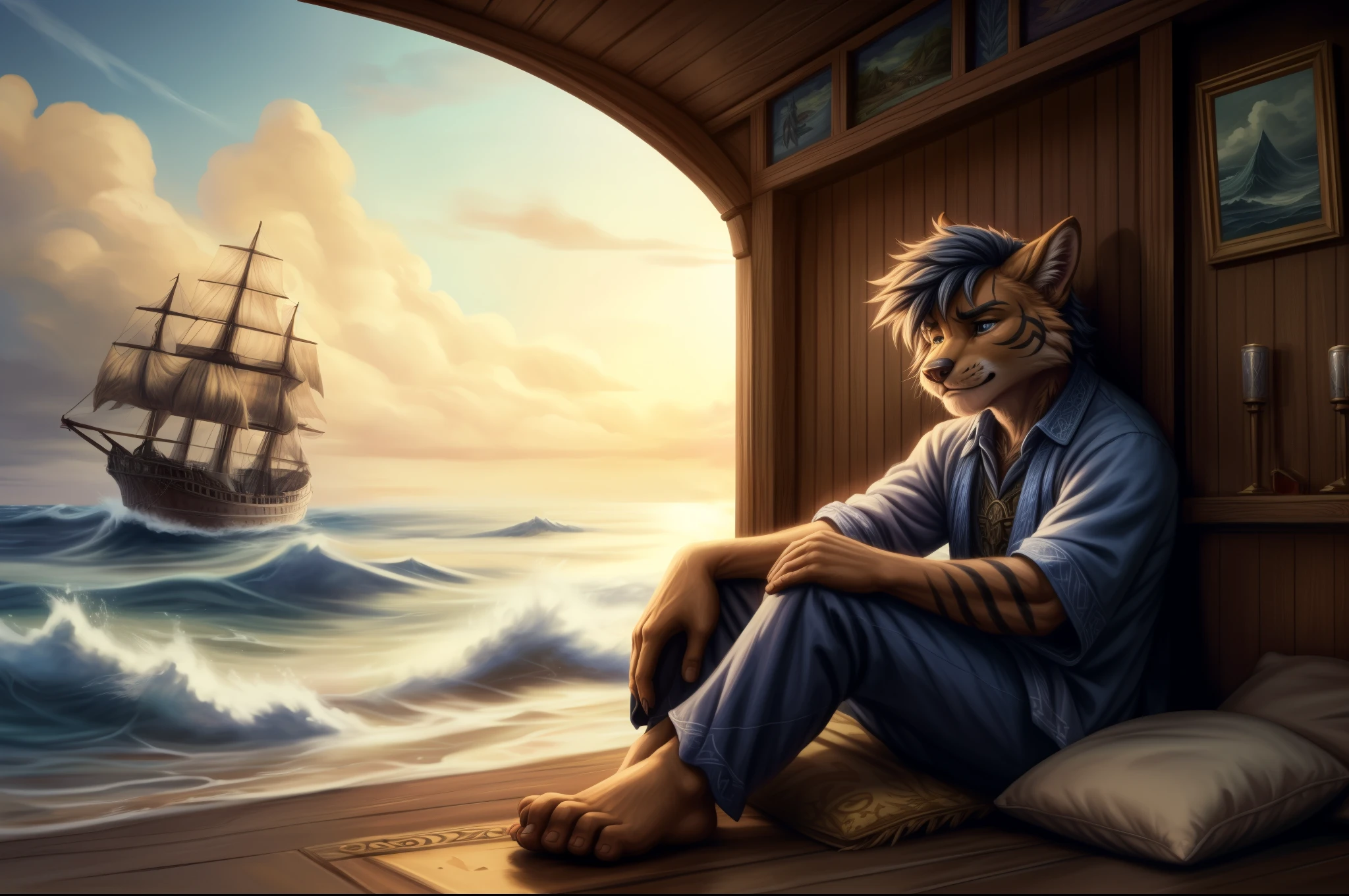 (((Barefoot furry character, full body, cinematic setting, male))) 

Masquerading as a man with a reason.
My charade is the event of the season
and if I claim to be a wise man, well
it surely means that I don't know.

On a stormy sea of moving emotion
tossed about I'm like a ship on the ocean.
I set a course for winds of fortune,
but I hear the voices say:

(Carry on my wayward son.)
(There'll be peace when you are done.)
(Lay your weary head to rest.)
(Don't you cry no more.)

BREAK, detailed background, 8K, (masterpiece:1.5), intricate details, highly detailed, extreme detail, octane render, fine art, best quality, highres, (detailed face:1.5), ((full_body)), UHD, (((perfect hands)))