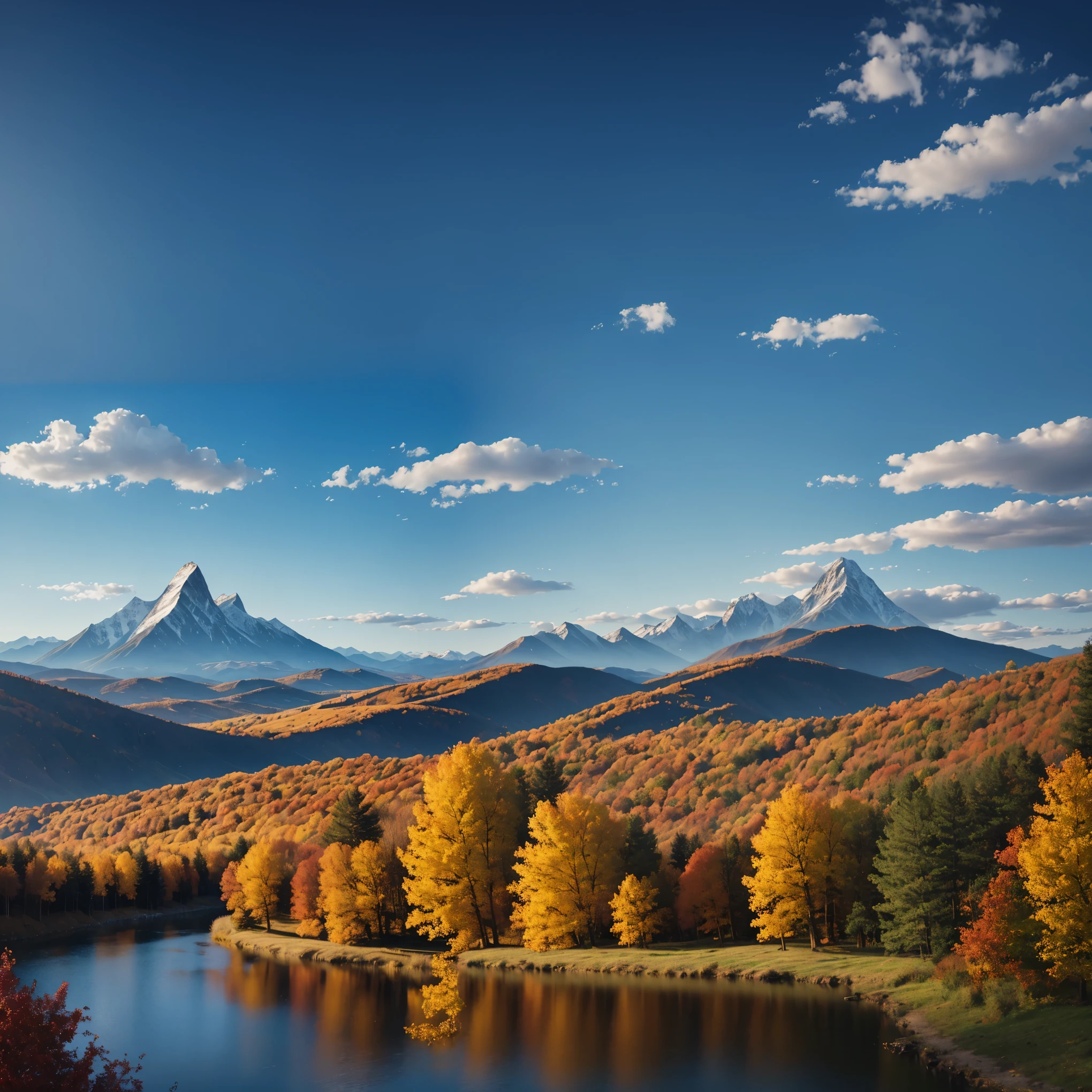 autumn landscape, Medieval kingdom, distant castles, distant mountains, clear sky, forests, mountains, masterpiece, empty blue sky, cloudless, (panorama:0.7),