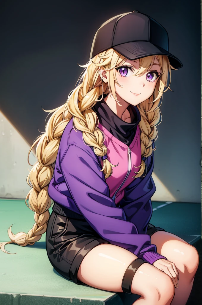 a woman with blond hair posing in a baseball cap and sweater sitting, 1girl, solo, blonde hair, braid, long hair, hat, twin braids, shorts, jacket, sitting, black shorts, smile, multicolored jacket, purple eyes, looking at viewer, baseball cap, multicolored clothes, black headwear