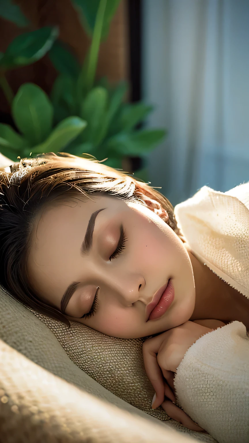 (RAW style, masterpiece, best quality, ultra-detailed) closed-up , a sleeping beautiful hijab woman closed eyes , exquisite image boasts an ultra-realistic and ultra-detailed representation, with intricate details that capture the depth and nuance of every feature. The depth of field is expertly rendered, adding a sense of dimension and texture to the scene. Octane renders bring out the ultra-definition in the (skin texture, film grain), imbuing the image with a cinematic feel that is further enhanced by the cinematic light, which bathes the girl's face in sidelighting. The ultra high