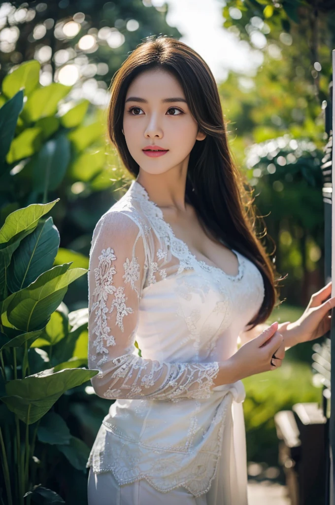 8k, best quality, Medium close-up, (pink kebaya )、(luxury kebaya ),(top-quality,masterpiece:1.3,超A high resolution,),(ultra-detailliert,Caustics),(Photorealsitic:1.4,RAW shooting,)Ultra-realistic capture,A highly detailed,high-definition16Kfor human skin, Cute and lovely Korean girl, realistic, ultra detail, photo realistic, Increase quality, standing in a garden with a scarf, garden, (large breast), (cleavage ), close-up shot, mouth,dark-haired, pink neon fringe long hair, (depth of fields、chromatic abberation、Wide range of lighting、Natural Shading、)、(Exterior light at night:1.4)、(Hair swaying in the wind:1.2).