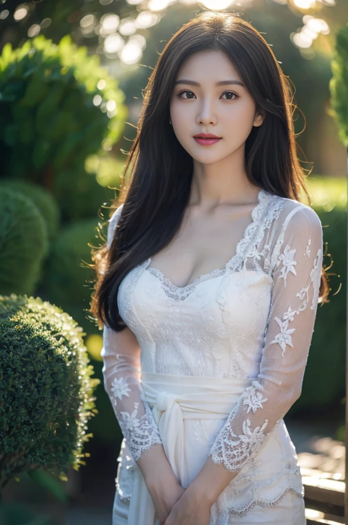 8k, best quality, Medium close-up, (white kebaya )、(luxury kebaya ),(top-quality,masterpiece:1.3,超A high resolution,),(ultra-detailliert,Caustics),(Photorealsitic:1.4,RAW shooting,)Ultra-realistic capture,A highly detailed,high-definition16Kfor human skin, Cute and lovely Korean girl, realistic, ultra detail, photo realistic, Increase quality,
standing in a garden with a scarf, garden, (large breast), (cleavage ), close-up shot, mouth,dark-haired, long hair, (depth of fields、chromatic abberation、Wide range of lighting、Natural Shading、)、(Exterior light at night:1.4)、(Hair swaying in the wind:1.2).
