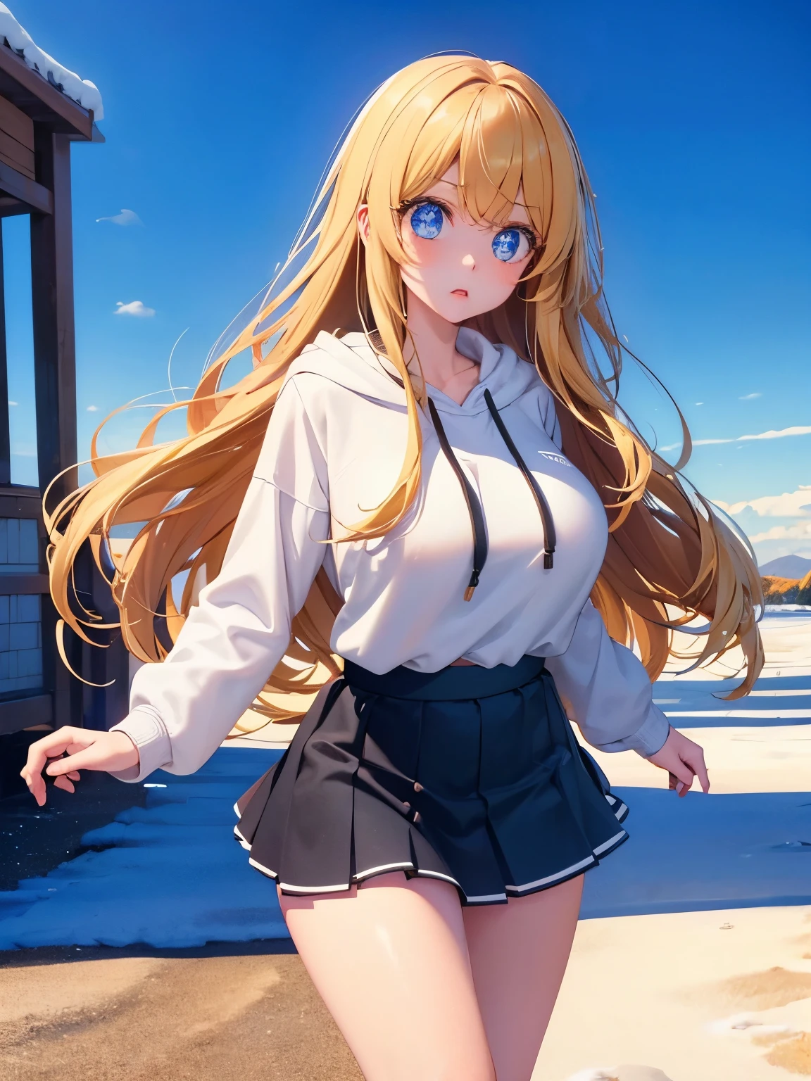 1woman,super beautiful,Morning,Walking on the north pole,Surprised expression, shocked expression,morning,half body photo,Beautiful eyes, very detailed face,cute,long white hoodie, tennis skirt,HD face, perfect face,black mini skirt,Very big breasts,Blonde hair,long hair,wavy hair,bangs,blue eyes,ultra detail,ultra Hd, masterpiece,4k