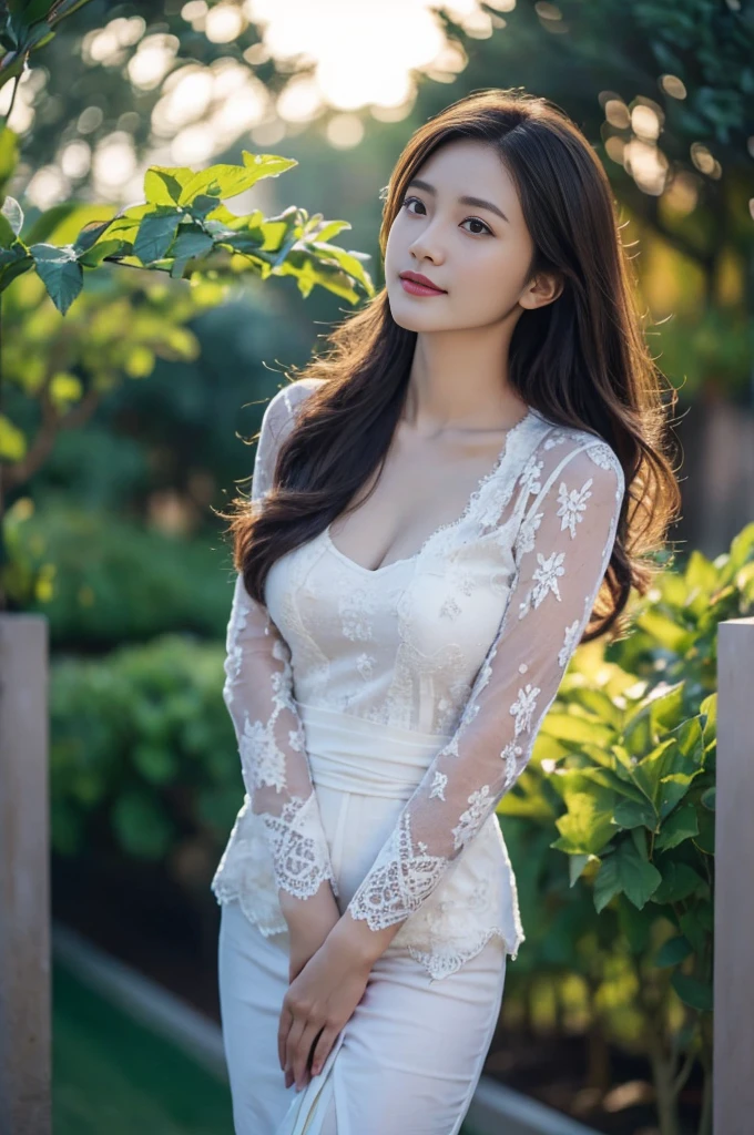8k, best quality, Medium close-up, (white kebaya )、(luxury kebaya ),(top-quality,masterpiece:1.3,超A high resolution,),(ultra-detailliert,Caustics),(Photorealsitic:1.4,RAW shooting,)Ultra-realistic capture,A highly detailed,high-definition16Kfor human skin, Cute and lovely Korean girl, realistic, ultra detail, photo realistic, Increase quality,
standing in a garden with a scarf, garden, (large breast), (cleavage ), close-up shot, mouth,dark-haired, long hair, (depth of fields、chromatic abberation、Wide range of lighting、Natural Shading、)、(Exterior light at night:1.4)、(Hair swaying in the wind:1.2).