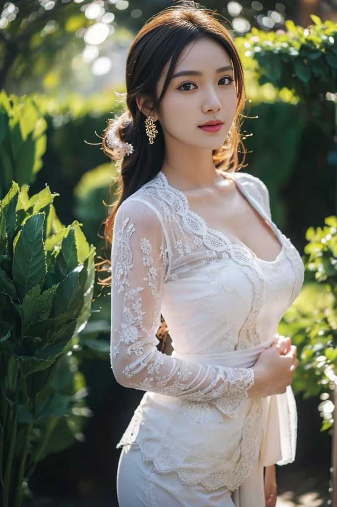 8k, best quality, Medium close-up, (white kebaya )、(luxury kebaya ),(top-quality,​masterpiece:1.3,超A high resolution,),(ultra-detailliert,Caustics),(Photorealsitic:1.4,RAW shooting,)Ultra-realistic capture,A highly detailed,high-definition16Kfor human skin, Cute and lovely Korean girl, realistic, ultra detail, photo realistic, Increase quality, 
 standing in a garden with a scarf, garden, (large breast), (cleavage ), close-up shot,  mouth,dark-haired, long hair, (depth of fields、chromatic abberation、Wide range of lighting、Natural Shading、)、(Exterior light at night:1.4)、(Hair swaying in the wind:1.2).