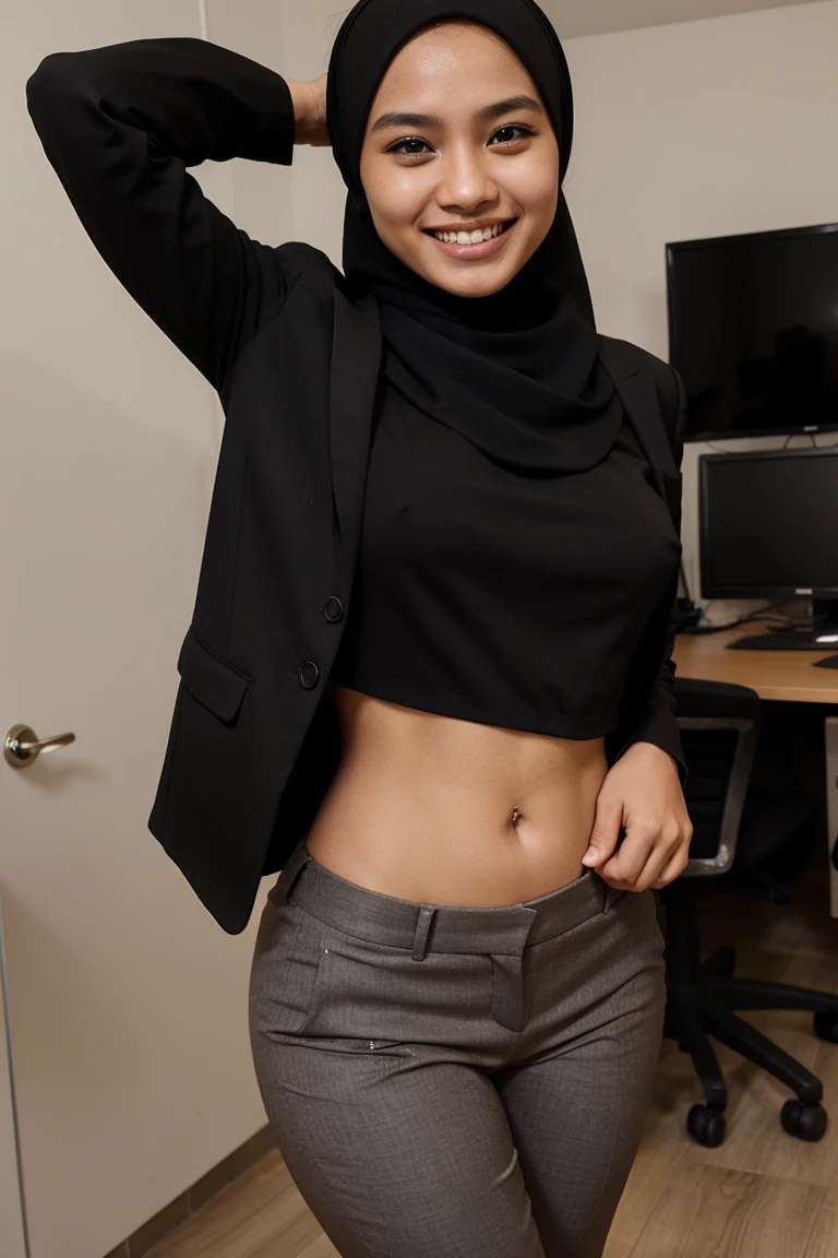 Nude 24 year old age malay woman with hijab,wearing office suit,tight pants,grin smile