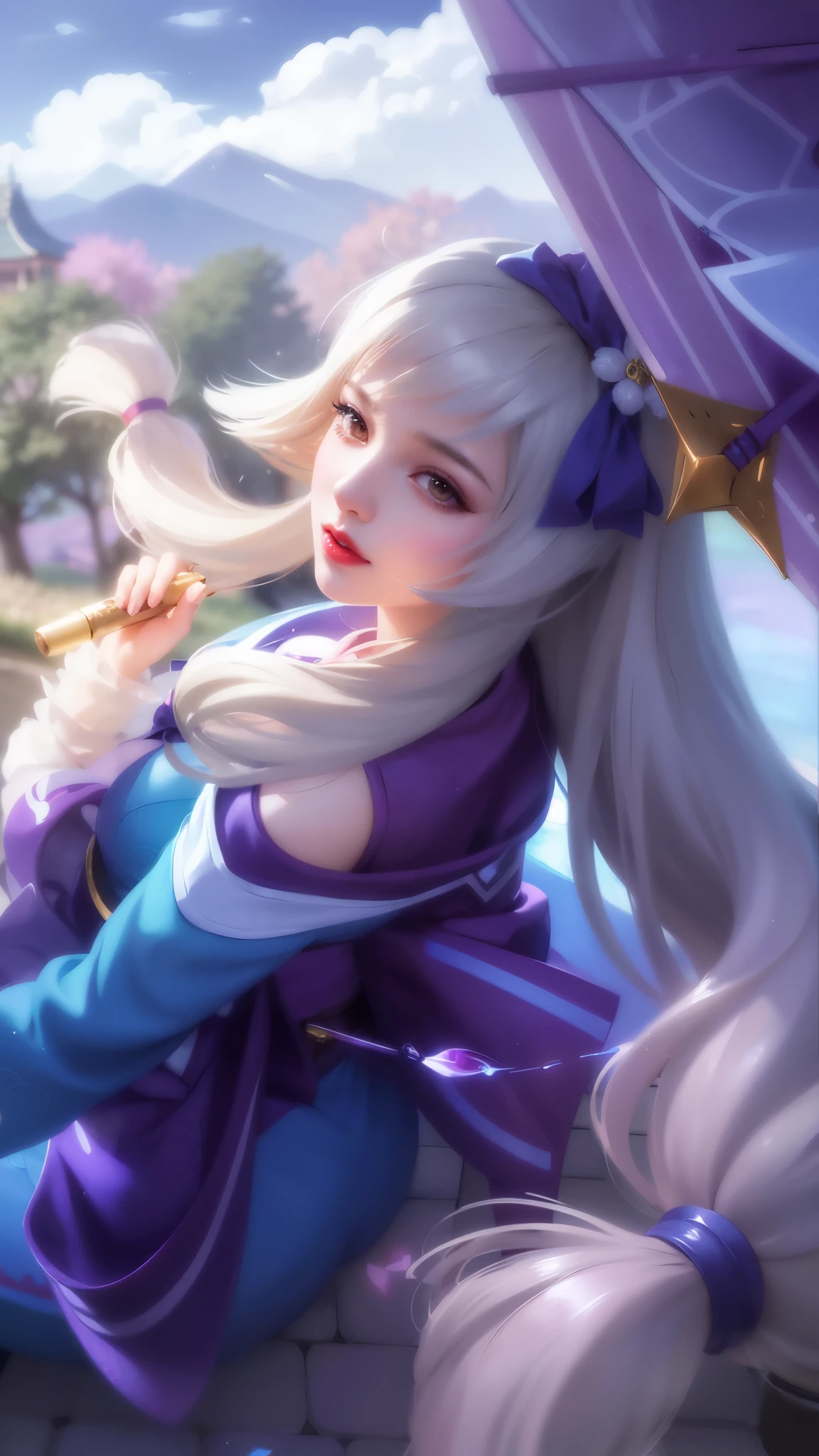 (8k, RAW photo, photorealistic:1.25) ,( red lipgloss, eyelashes, gloss-face, glossy skin, best quality, ultra highres, depth of field, chromatic aberration, caustics, Broad lighting, natural shading,Kpop idol) looking at viewer with a serene and goddess-like happiness, anime girl with long white hair sitting on a rock with a purple umbrella, portrait of ahri, ahri, official splash art, seraphine ahri kda, ashe, splash art, extremely detailed artgerm, onmyoji portrait, artgerm lau, style artgerm, heise jinyao, iconic character splash art, akali