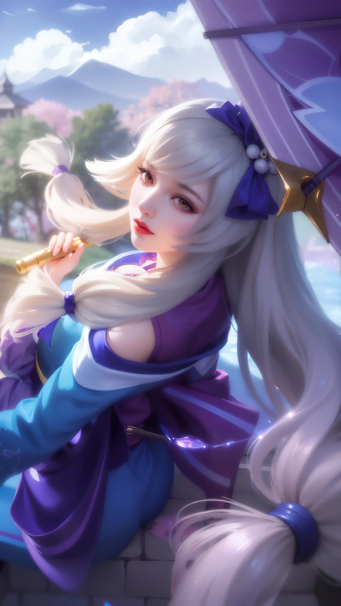 (8k, RAW photo, photorealistic:1.25) ,( red lipgloss, eyelashes, gloss-face, glossy skin, best quality, ultra highres, depth of field, chromatic aberration, caustics, Broad lighting, natural shading,Kpop idol) looking at viewer with a serene and goddess-like happiness, anime girl with long white hair sitting on a rock with a purple umbrella, portrait of ahri, ahri, official splash art, seraphine ahri kda, ashe, splash art, extremely detailed artgerm, onmyoji portrait, artgerm lau, style artgerm, heise jinyao, iconic character splash art, akali