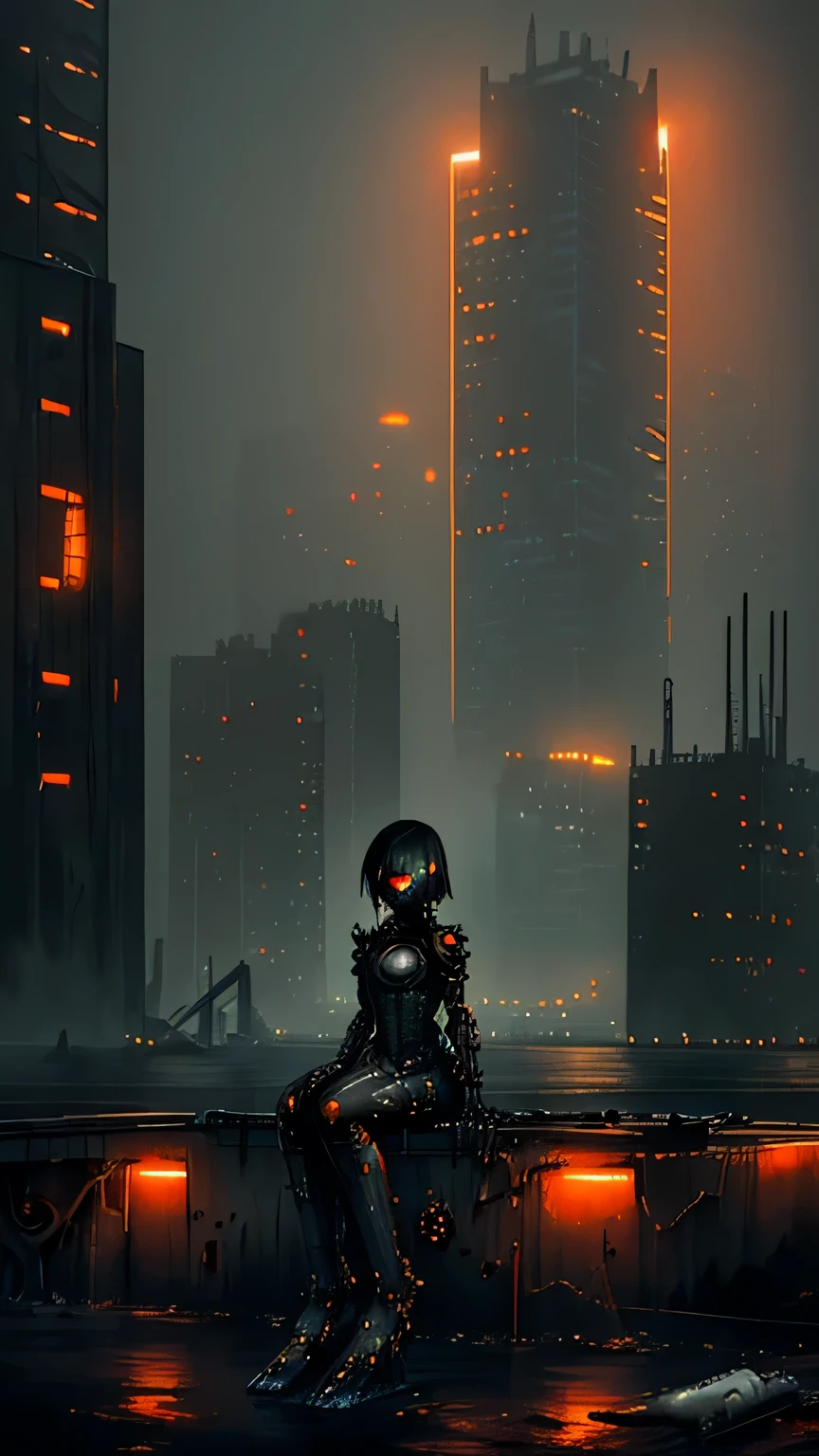 (dark hopeless art), dystopian landscape, only one left, mechanized girl, sitting on a bench, skyscrapers with supports on the cold water, dark industrial landscapes, warm lights, warm orange fog, wet black concrete, highly detailed art, many details