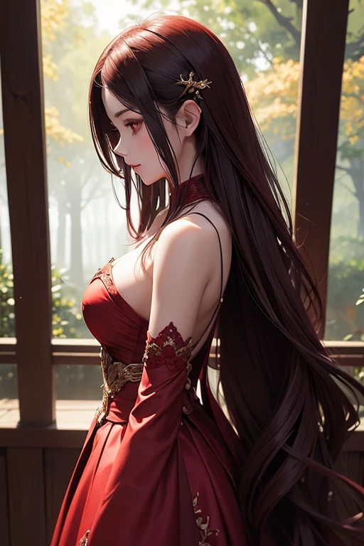 (Obra maestra:1.2), Mejor calidad, (illustration:1.2), (ultra detallado), hiper detalles, (delicado detallado), (detalles intrincados), (cinematic light, Mejor calidad Backlights), Delete line, solista, Cuerpo perfecto, (1 chica), Highly detailed, sketch of a fiery, pale, gothic, vampire woman, in a blood red outfit, blood red fiery sleek, long, straight hair, beautiful, aesthetic depiction in the woods, a huge rose tattoo on her back, in the woods, her beautiful, gorgeous side profile is visible to us, beautiful depiction, give her an elegant blood red gothic, really special stunning outfit, perfect body proportions, perfection, give her a really special shiny outfit, in 100k, in hyper vivid detail, (constituir), alto contraste, (mejor iluminacion, un extremadamente creado y hermoso), (cinematic light), vistoso,