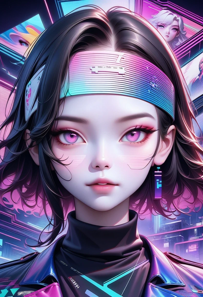 Close-up of person wearing headband, The art of math inspired by Yanjun Cheng, Douban, The art of math, Vibrant fan art, Lofi portrait, guweiz style artwork, new vapor wave, colorful numbers, Internet aesthetics, kpop idol portrait, yanjun chengt, Digital animation illustration, NFT portrait, Digital Cyberpunk Anime Art.