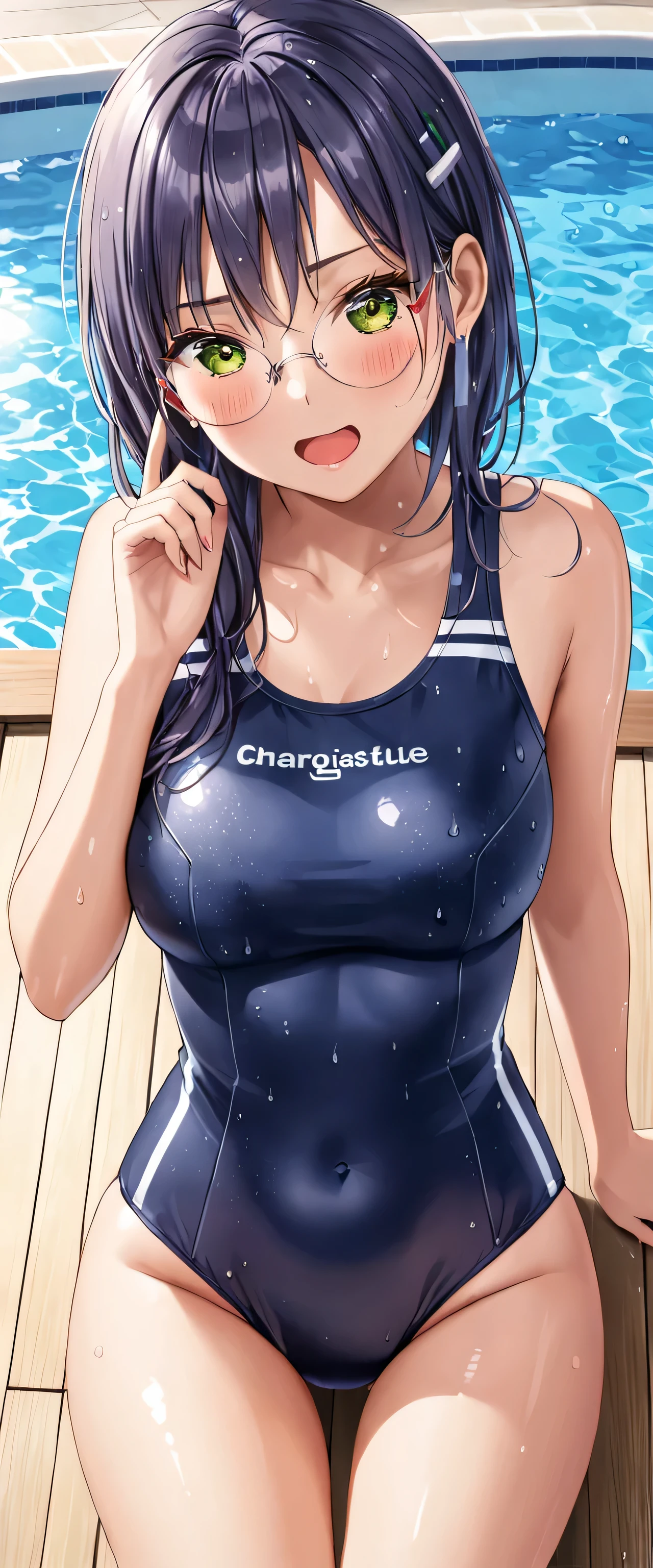 High resolution, woman , good lighting, despicable, , (No nudity), (((Dark blue shiny school swimsuit))), pool, cute face, I'm embarrassed and blush, humiliating, ((spread your legs and sit)), ((wet with sweat))((A sticky adheres to your swimsuit.))sit、