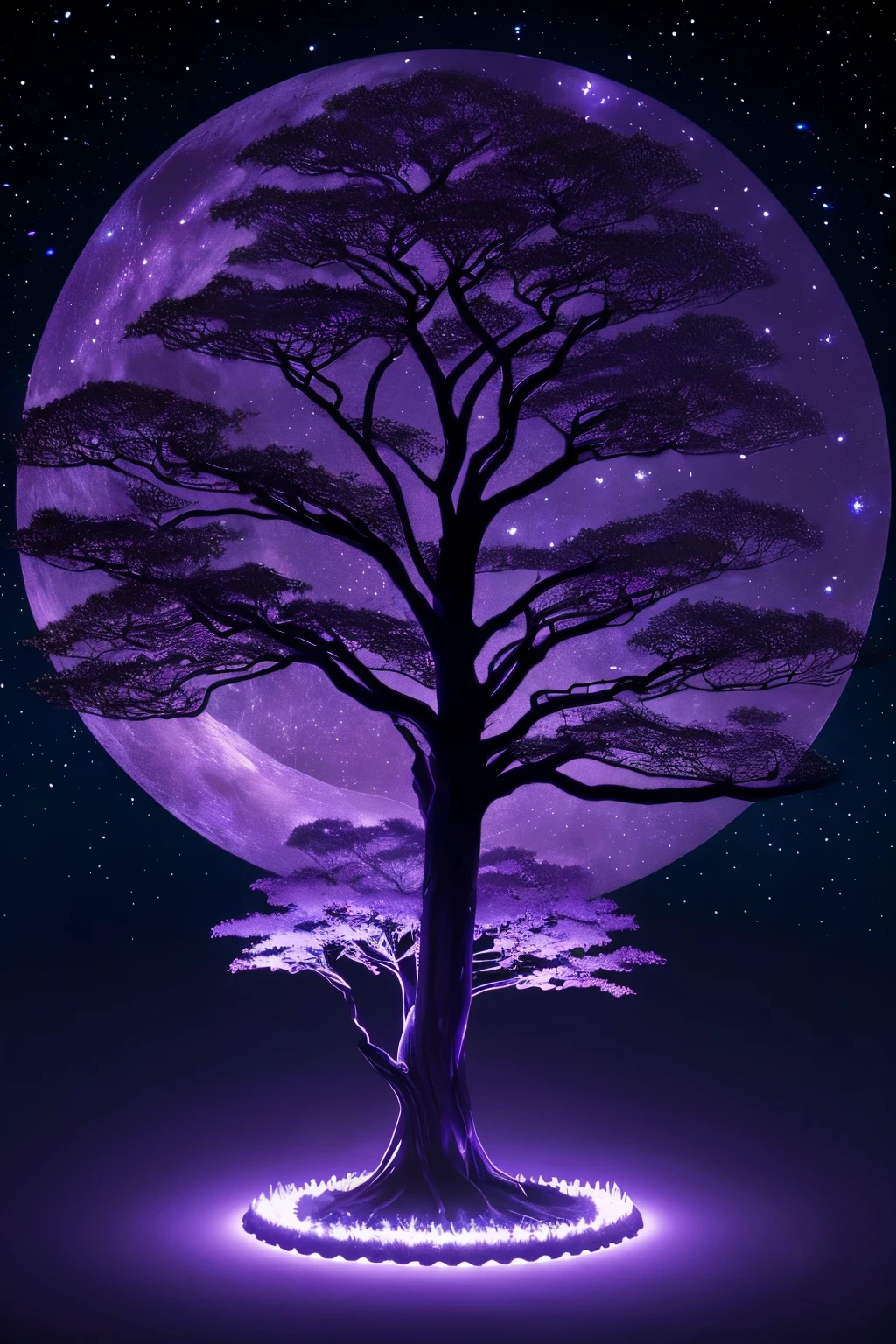 Anime fantasy night vision wallpaper, inspired by Japanese traditional art influence, features a serene scene of a galaxy tree in the dead of night. The tree, bathed in dark purple and blue hues, stands tall against the backdrop of the infinite cosmos. The intricate details of its bark, reminiscent of bonsai trees, are accentuated in the night vision effect. Zen Buddhism influence is evident in the peaceful and harmonious atmosphere, where each detail is meticulously painted, evoking a sense of tranquility and meditation. The Indonesian art style adds depth and complexity to the overall design, with intricate patterns and textures adorning the tree and the night sky. This stunning wall