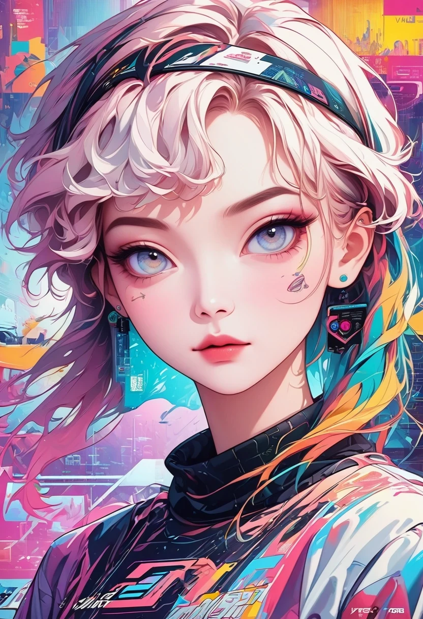 (vector art:1.5),Close-up of person wearing headband, the art of mathematics inspired by Yanjun Cheng, Douban, the art of mathematics, Vibrant fan art, Lofi portrait, Gurwitz style artwork, new vapor wave, Color numbers, Internet aesthetics, K-Pop Idol Portraits, yanjun chengt, Digital animated illustration, NFT portrait, Digital Cyberpunk Anime Art.
