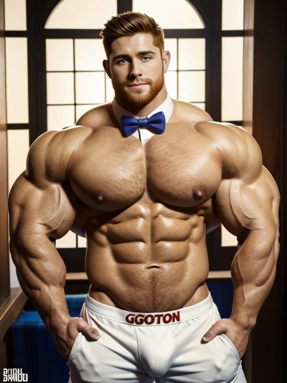 (1boy), (soft smile), tan skin, (natural daylight:1.3), (muscular:1.7), (defined muscles:1.5), (beautiful:1.5), (handsome:1.4), (gorgeous:1.3), (ginger:1.0), flexed chest, white jockstrap, bowtie, (good face:1.5), (male model:1.3), dimly lit, dark studio, beefy, bulky, Face of David Henrie on a matured man with a beard, crossing arms, arms crossed, ginger