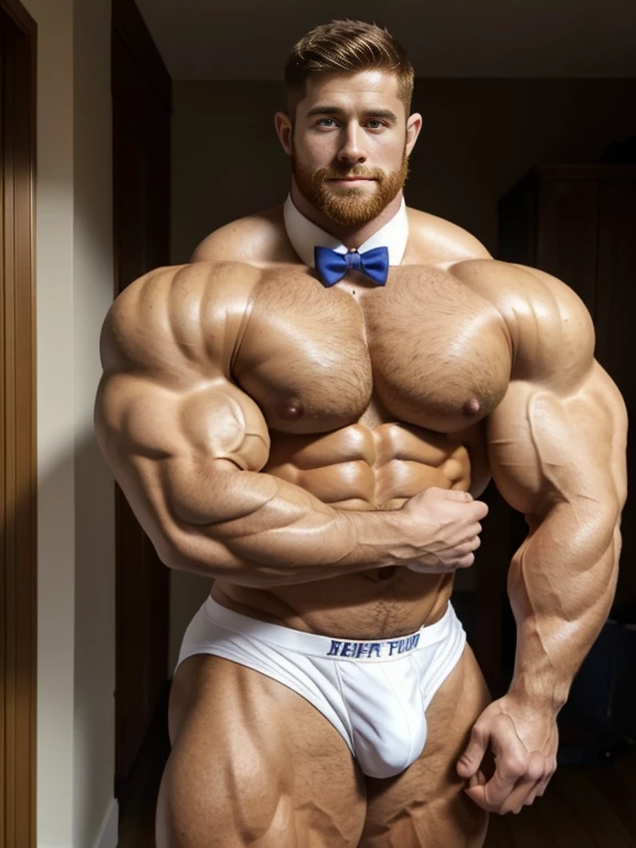 (1boy), (soft smile), tan skin, (natural daylight:1.3), (muscular:1.7), (defined muscles:1.5), (beautiful:1.5), (handsome:1.4), (gorgeous:1.3), (ginger:1.0), flexed chest, white jockstrap, bowtie, (good face:1.5), (male model:1.3), dimly lit, dark studio, beefy, bulky, Face of David Henrie on a matured man with a beard, crossing arms, arms crossed, ginger