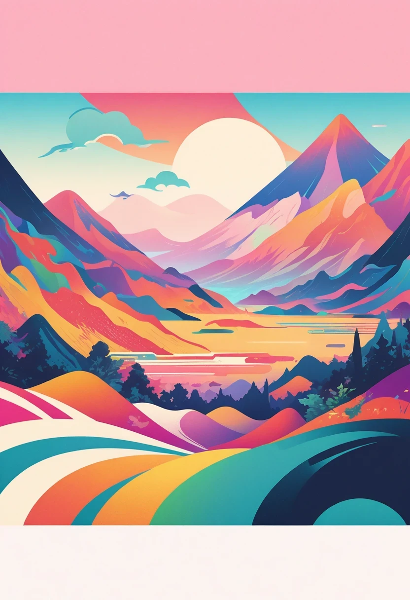 (vector art:1.5),a poster，In the background is a colorful landscape and a mountain, pale gradient design, minimal background, simple background, solid color background, beautiful gradient, iPhone 15 background, Vibrant colors with smooth gradients, Simple background, Simple and clean illustration, 4k high definition illustration wallpaper, poster background, by Cheng Jiasui, abstract scene design