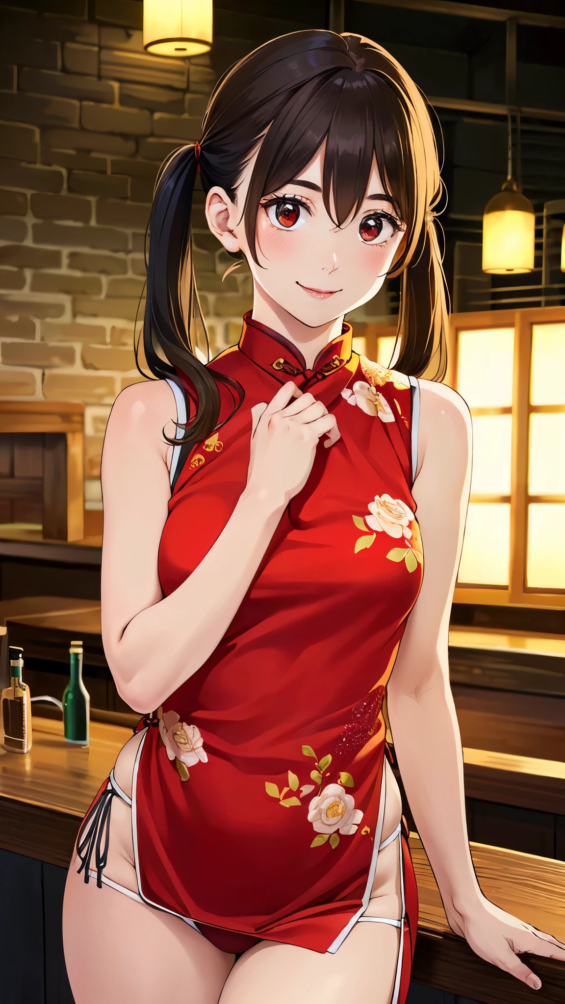 (masterpiece:1.3, top-quality, ultra high res, ultra detailed), (realistic, photorealistic:1.4), beautiful illustration, perfect lighting, natural lighting, colorful, depth of fields, surrealism,
looking at viewer, 1 girl, , 7 headed body, perfect face, (perfect anatomy), cute and symmetrical face, baby face, s, (Ideal ratio body proportions),
(middle hair:1.5, twintails:1.2, light brown hair), hair between eyes, big eyes, red eyes, long eye lasher, (large breasts:1.2, seductive thighs), slender, small buttocks, skinny legs,
beautiful hair, beautiful face, beautiful detailed eyes, beautiful clavicle, beautiful body, beautiful chest, beautiful thigh, beautiful legs, beautiful fingers,
((sleeveless red cheongsam, slit at waist)), string panties, high heels,
(beautiful scenery), evening, (bar counter), walking, (put a tray on the hands), (smile:1.5, happiness),