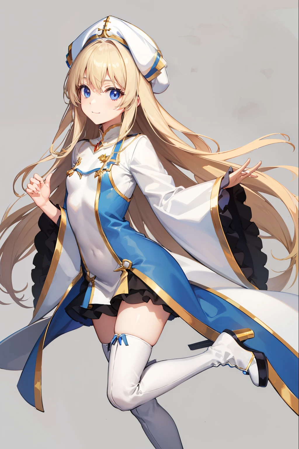 priestess, priestess, blonde hair, blue eyes, long hair, hair between eyes, (small breast:1.2), smile, BREAK boots, dress, frilled sleeves, frills, hat, white headwear, pelvic curtain, high heels, robe, thigh boots, thighhighs, white thighhighs, long sleeves, puffy sleeves,