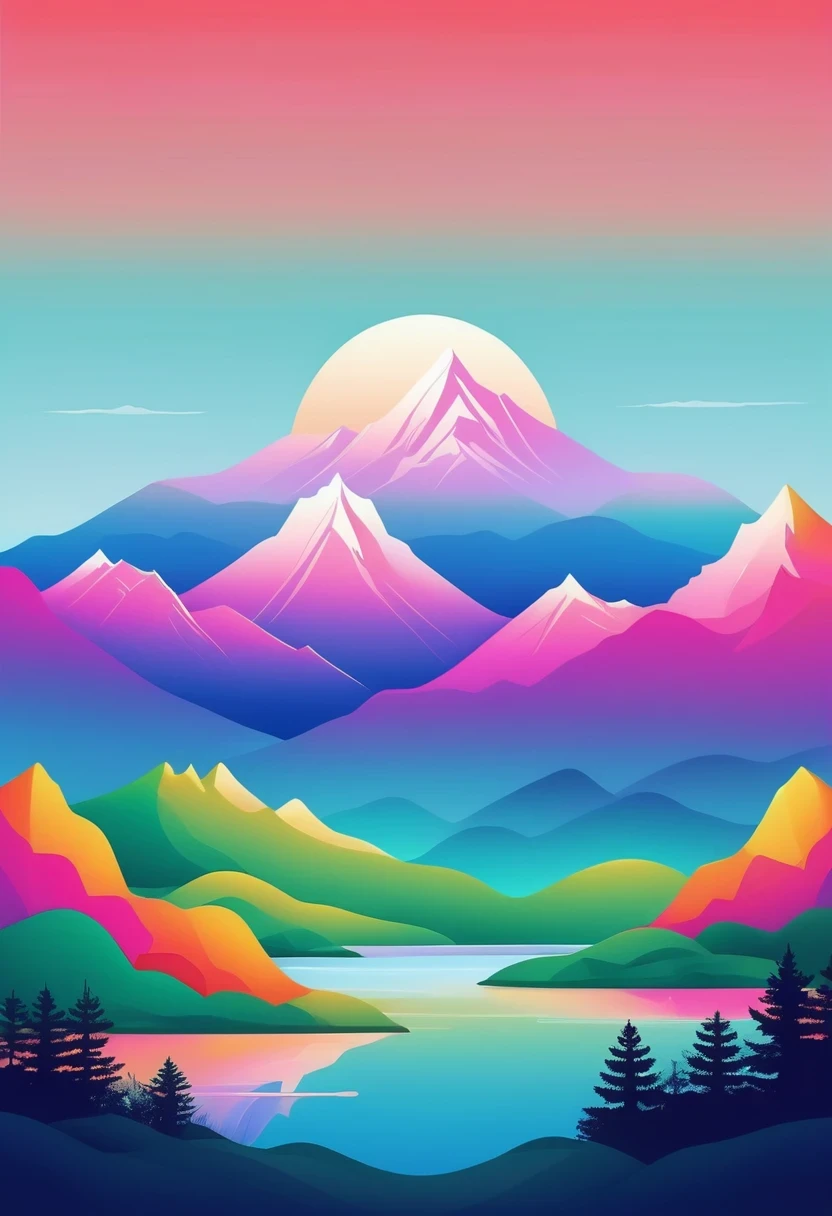 (vector art:1.5),a poster,In the background is a colorful landscape and a mountain, pale gradient design, minimal background, simple background, solid color background, beautiful gradient, iPhone 15 background, Vibrant colors with smooth gradients, Simple background, Simple and clean illustration, 4k high definition illustration wallpaper, poster background, by Cheng Jiasui, abstract scene design