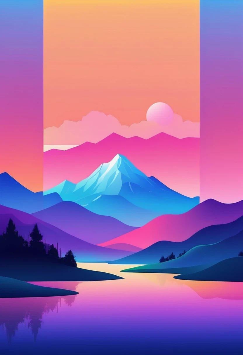 (vector art:1.5),a poster，In the background is a colorful landscape and a mountain, pale gradient design, minimal background, simple background, solid color background, beautiful gradient, iPhone 15 background, Vibrant colors with smooth gradients, Simple background, Simple and clean illustration, 4k high definition illustration wallpaper, poster background, by Cheng Jiasui, abstract scene design