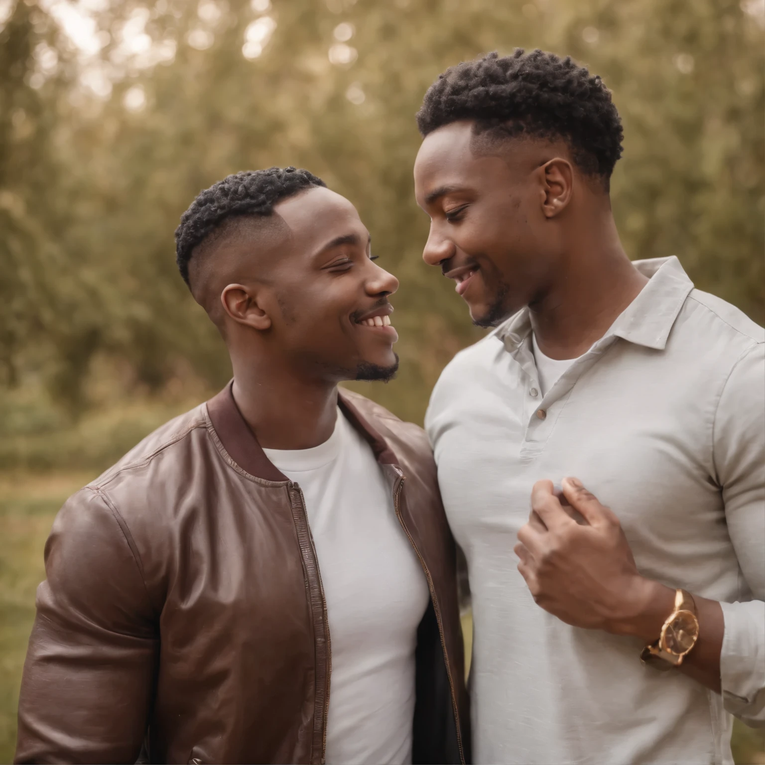 An African-American gay couple,romantic studio photography,aesthetic portrait,diverse love,embrace,affectionate,close bond,intimate gaze,warm expressions,loving touch,harmonious connection,supportive relationship,gentle caress,deep emotional connection,smiling faces,joyful moments,lovers,stylish outfits,trendy fashion,urban backdrop,vibrant colors,celebrating diversity,positive representation,modern love story,acceptance and inclusion,emotional authenticity,inclusive society,photorealistic:magnify,high contrast,dramatic lighting,vivid colors,rich textures,crisp details,professional quality