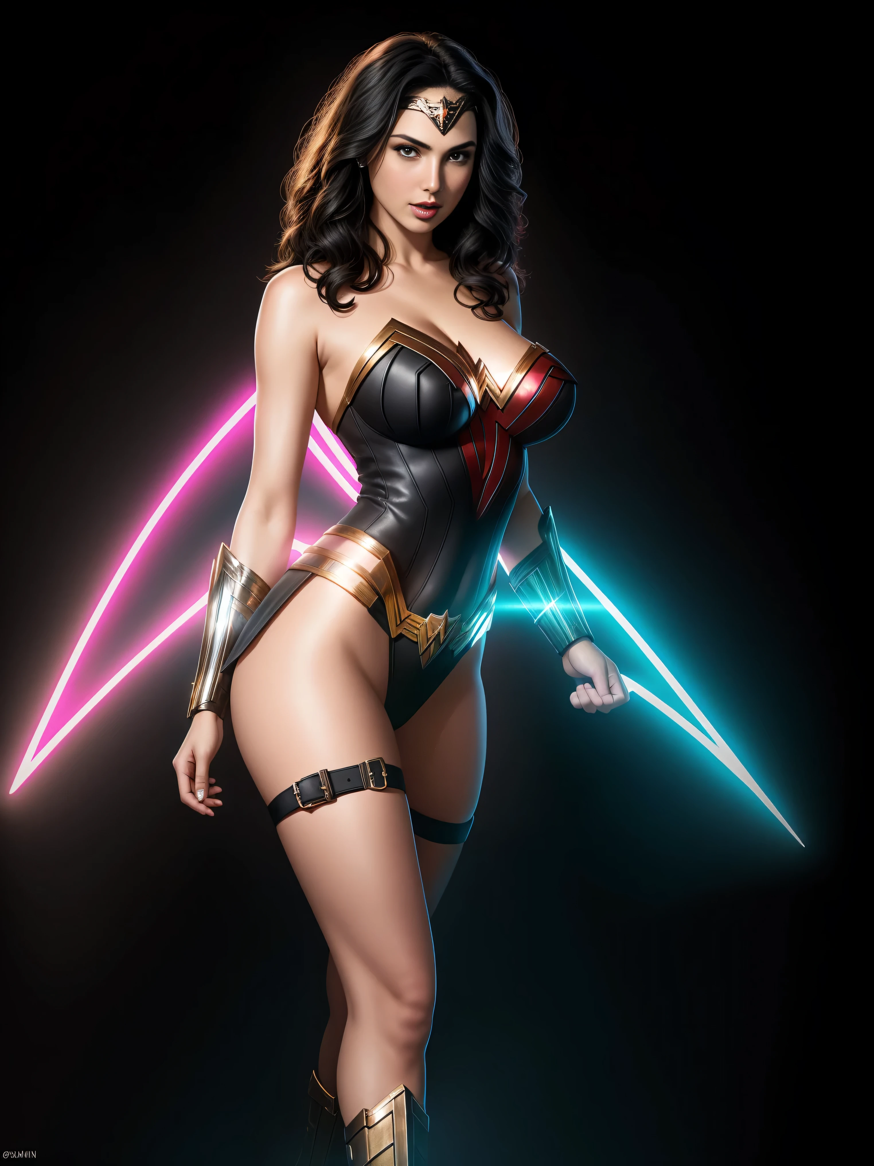 there is Gal Gadot as Wonder Woman standing, 3 d neon art of a womans body, neon- background, cyberpunk femme fatale, seductive cyberpunk dark fantasy, cyberpunk striyberpunk 20 y. o model girl, oppai cyberpunk, banner, high definition cgsociety, cgsociety masterpiece, trending on cgstation, kda, random hair, looking at camera, gigantic breasts, cleavigh detai:1.2), 8k uhd, dslr, super lighting, high quality, film grain, high res, highly detailed, hyper realistic, beautiful face, beautiful body, beautiful eyes nose lips, alluring expression, very bold, upper visible, full body photo, standing legs apart, pale translucent glowing skin, most beautiful face, cute, (well defined pubic hair:1.2)), (dark plain black background:1.4))