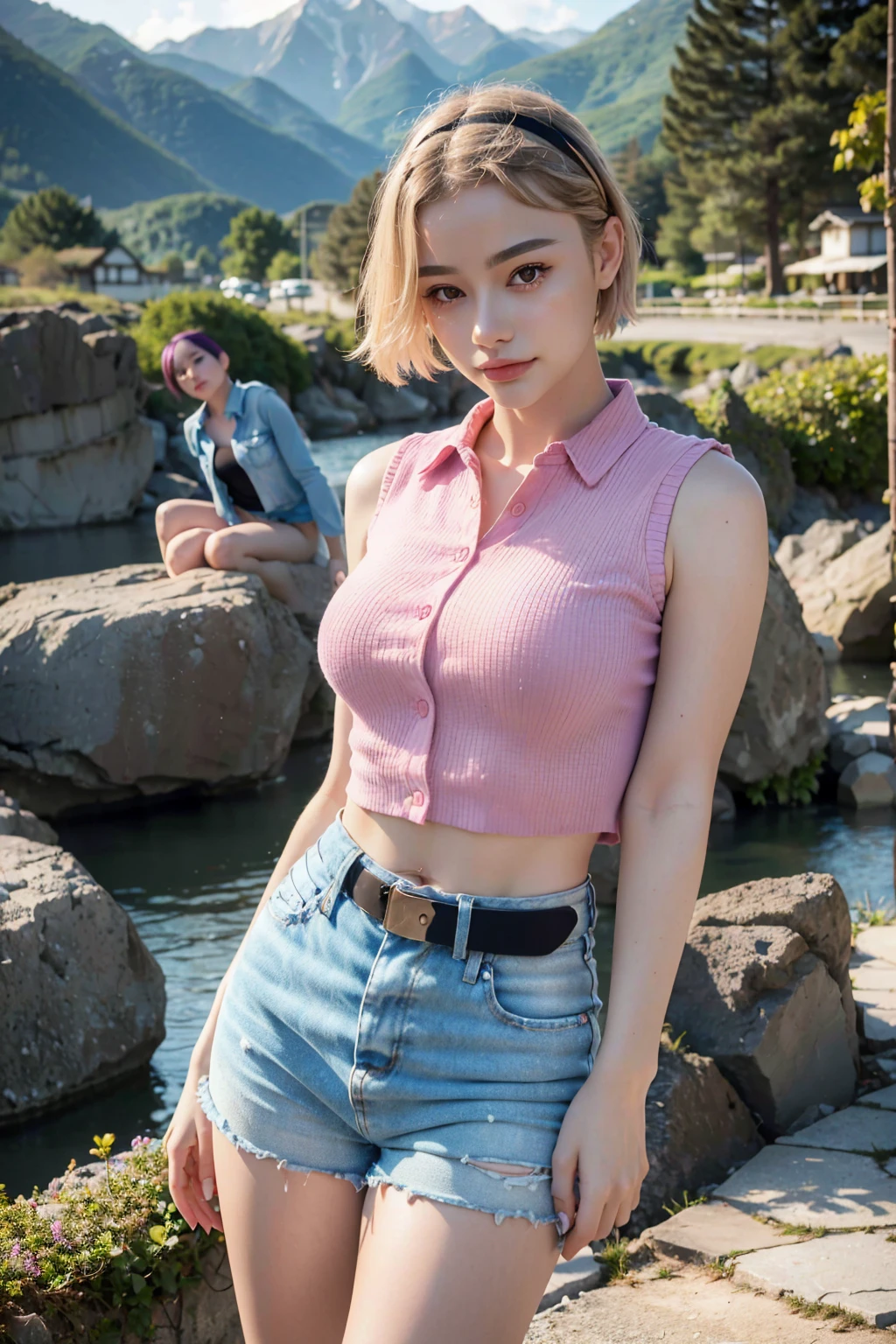 1girl ((30 years old woman)), tarankaaa, standing position, perfect body, best quality, 32k, photograph, full body (head to toe), tone mapping, ((houjou satoko,short hair,black hairband,blonde hair,violet eyes,hair between eyes,collared shirt,sleeveless shirt,pink shirt,shirt tucked in,small breasts,belt,short shorts,blue shorts,white socks,pink footwear, athletic, big girl)), asian-european, ((golden blonde hair, short hair, purple eyes)) perfectly drawn hands, ((masterpiece)), ((highres)), ((detailed background)), japanese village background, next to a river, (big proportions), cute pose, smiling, ((perfect eyes, detailed eyes, realistic eyes)), ((sharp face, detailed face, realistic face, natural skin, realistic skin, detailed skin, pores)),