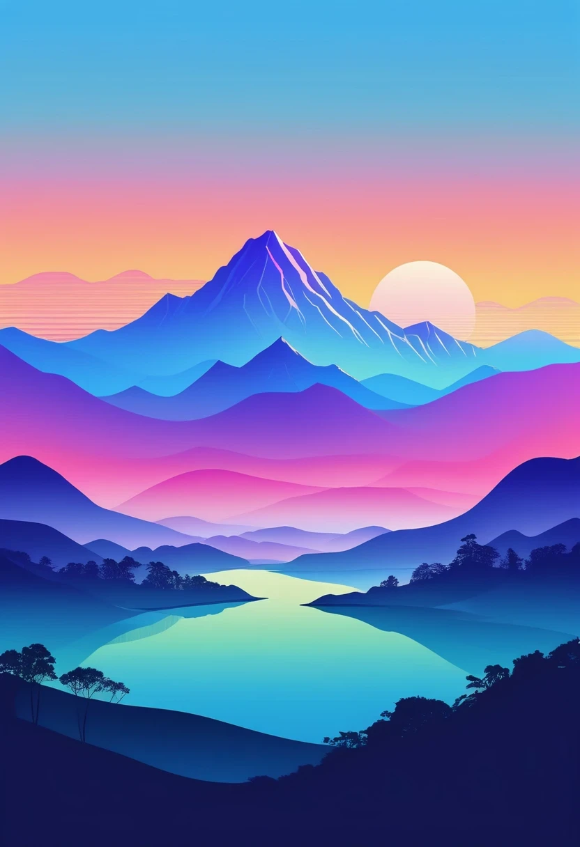 (vector art:1.5),a poster，In the background is a colorful landscape and a mountain, pale gradient design, minimal background, simple background, solid color background, beautiful gradient, iPhone 15 background, Vibrant colors with smooth gradients, Simple background, Simple and clean illustration, 4k high definition illustration wallpaper, poster background, by Cheng Jiasui, abstract scene design