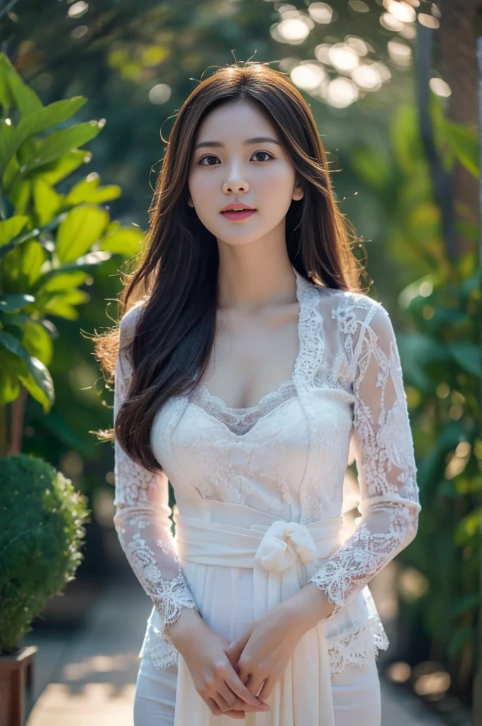8k, best quality, Medium close-up, (white kebaya )、(luxury kebaya ),(top-quality,masterpiece:1.3,超A high resolution,),(ultra-detailliert,Caustics),(Photorealsitic:1.4,RAW shooting,)Ultra-realistic capture,A highly detailed,high-definition16Kfor human skin, Cute and lovely Korean girl, realistic, ultra detail, photo realistic, Increase quality,
standing in a garden with a scarf, garden, (large breast), (cleavage ), close-up shot, mouth,dark-haired, long hair, (depth of fields、chromatic abberation、Wide range of lighting、Natural Shading、)、(Exterior light at night:1.4)、(Hair swaying in the wind:1.2).