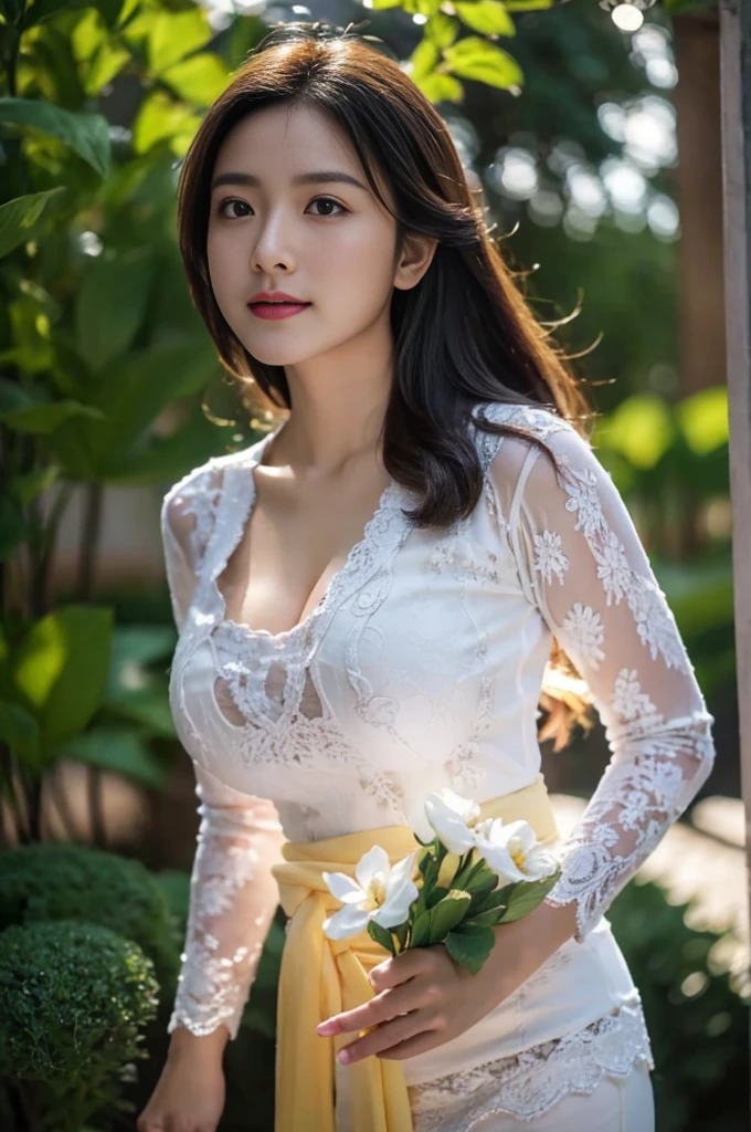 8k, best quality, Medium close-up, (white kebaya )、(luxury kebaya ),(top-quality,​masterpiece:1.3,超A high resolution,),(ultra-detailliert,Caustics),(Photorealsitic:1.4,RAW shooting,)Ultra-realistic capture,A highly detailed,high-definition16Kfor human skin, Cute and lovely Korean girl, realistic, ultra detail, photo realistic, Increase quality, 
 standing in a garden with a scarf, garden, (large breast), (cleavage ), close-up shot,  mouth,dark-haired, long hair, (depth of fields、chromatic abberation、Wide range of lighting、Natural Shading、)、(Exterior light at night:1.4)、(Hair swaying in the wind:1.2).