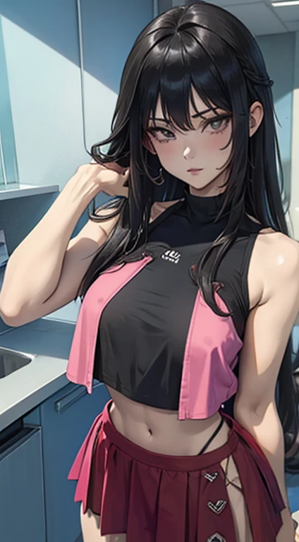(masterpiece, best quality:1.2), 1girl, solo,standing_split,
Yuuki Mikan, long hair,black sleeveless short crop top,pink skirt,black, ((nsfw)), (((loose crop top))), (transparent clothes), (wet clothes)