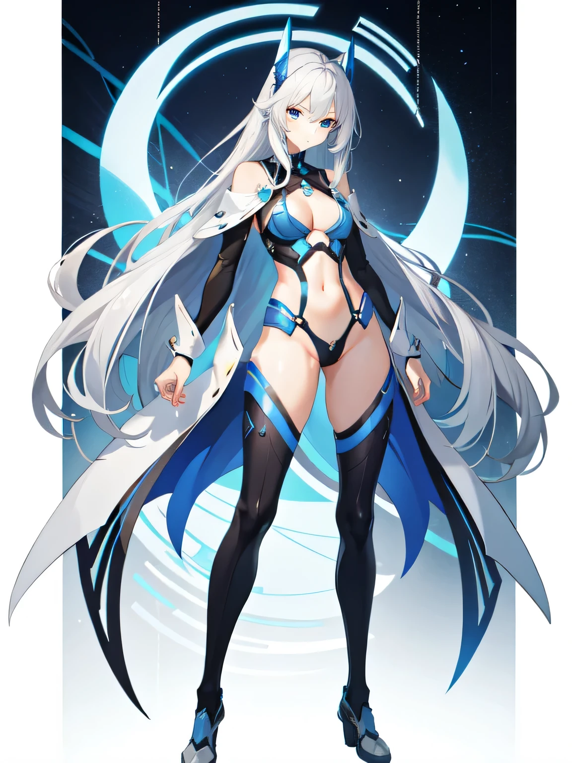 Standing picture、silver hair、blue eyes、female、1 person、Semi-long hair, tight-fitting suit that shows your body shape、stomach