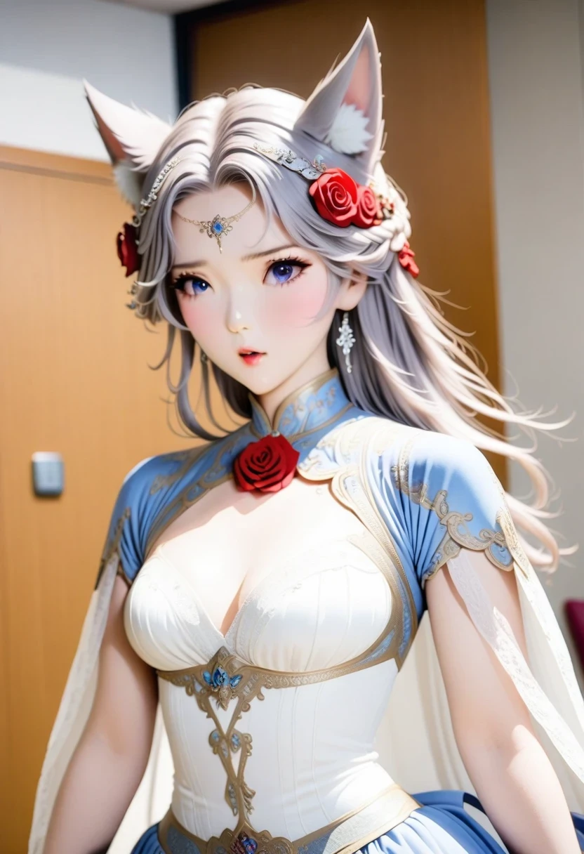 there is a woman,wearing white clothes,A red rose in the hair, anime role play, anime girl role play, role play photo, An anime style mixed with Fujifilm, role play, White-haired God, a beautiful fox woman, role player, white cat girl, Silver-haired girl, internal medicine rice, real life anime girls, ayaka role play, Baiji haircut hairstyle