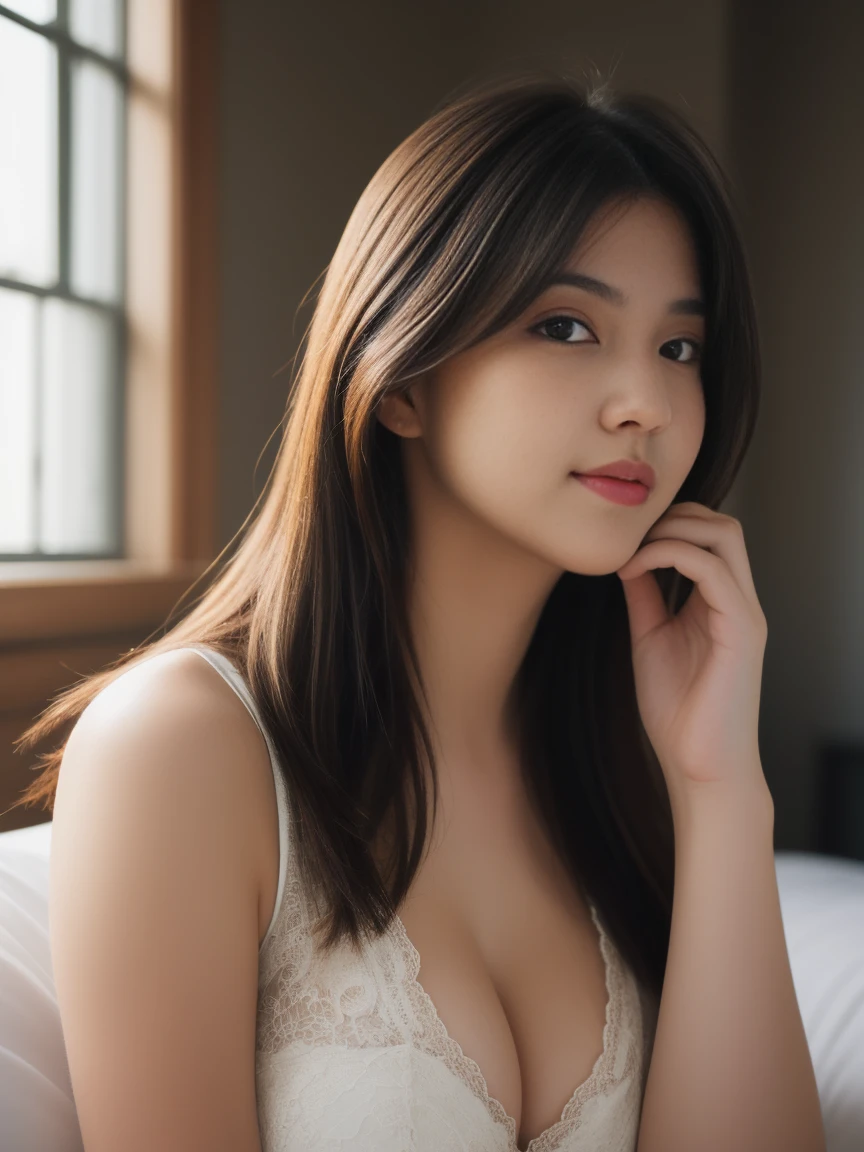 ((Best quality, 8k, Masterpiece :1.3)), beautiful detailed woman, Highly detailed eyes and face, detailed eyes, super detailed, High resolution, very detailed, best quality, enlightenment, unified, 8k wallpaper, master piece, best quality,1 woman, alone, rich, full body esbian, Toned figure, slim waist, gigantic breast:1.3, close up cleavage, alone, long hair, gentle smile, dignified atmosphere, black eye, Realistic, bed room, bare shoulders, look at viewer, atmospheric perspective, Volumetric lighting, Clear focus, absurd resolution, Realistic proportions, Good anatomy, (realistic,Hyper-realistic:1.37), 16K HD, INFO, ((Full shot))