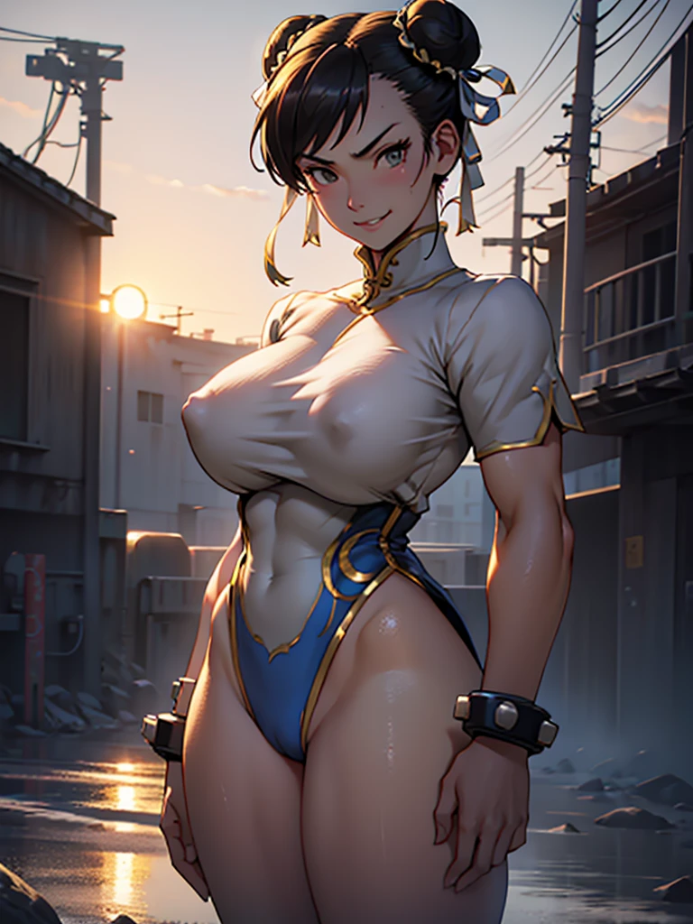solo, low lighting, chun li masterpiece, best quality, agrias, grey sweater, black leotard, standing, looking at viewer, black hair,angry,smile,sunset