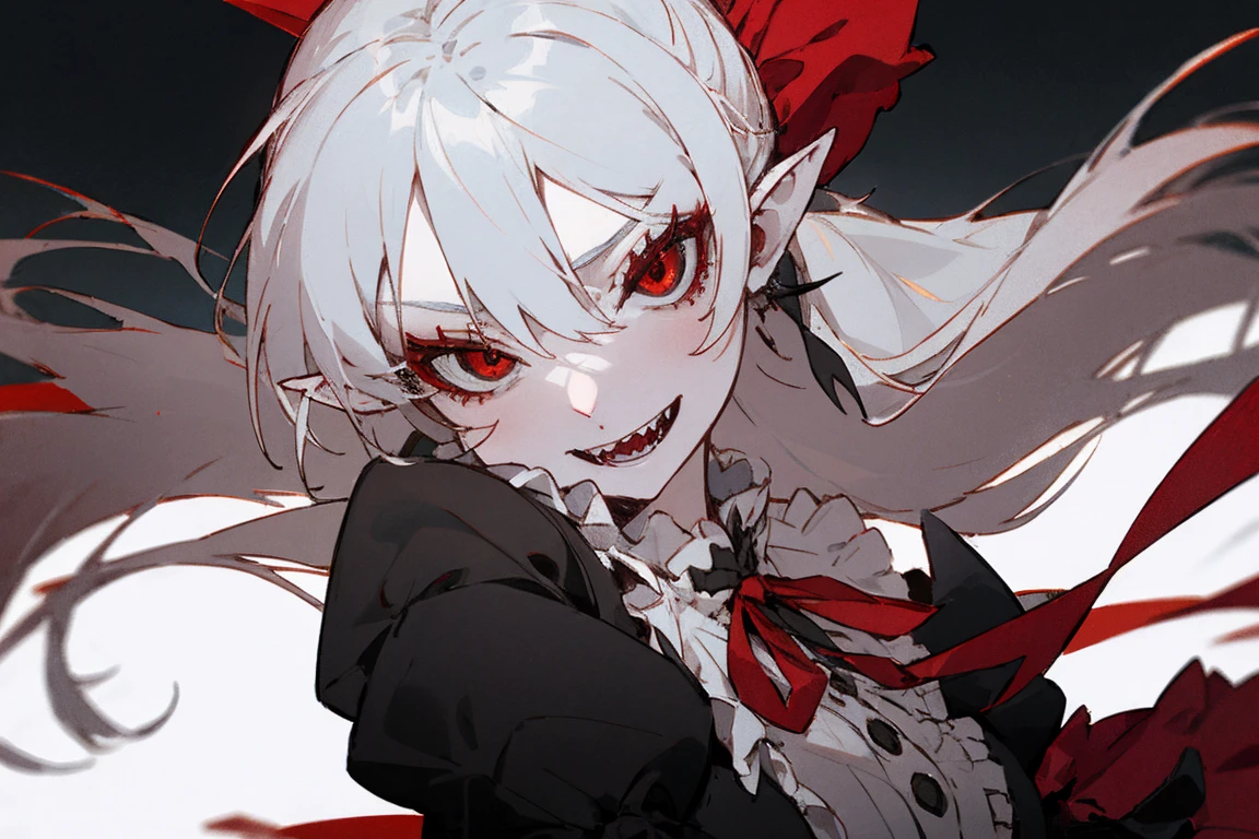 1 girl，Detailed expression,sharp eyes,eyelashes,pointed ears,tooth,long hair,black ribbon,frills,gothic ****ta,puff sleeves,red ribbon,beautiful red eyes,silver hair，white skin,double teeth,smile
