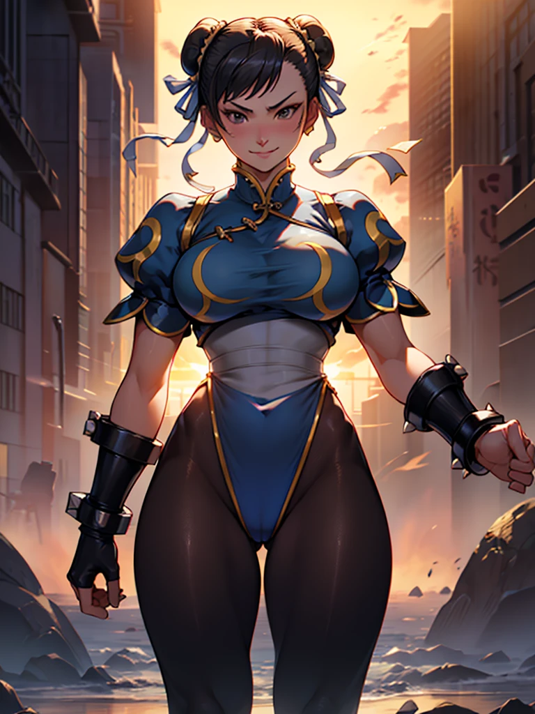 solo, low lighting, chun li masterpiece, best quality, agrias, grey sweater, black leotard, standing, looking at viewer, black hair,angry,smile,sunset
