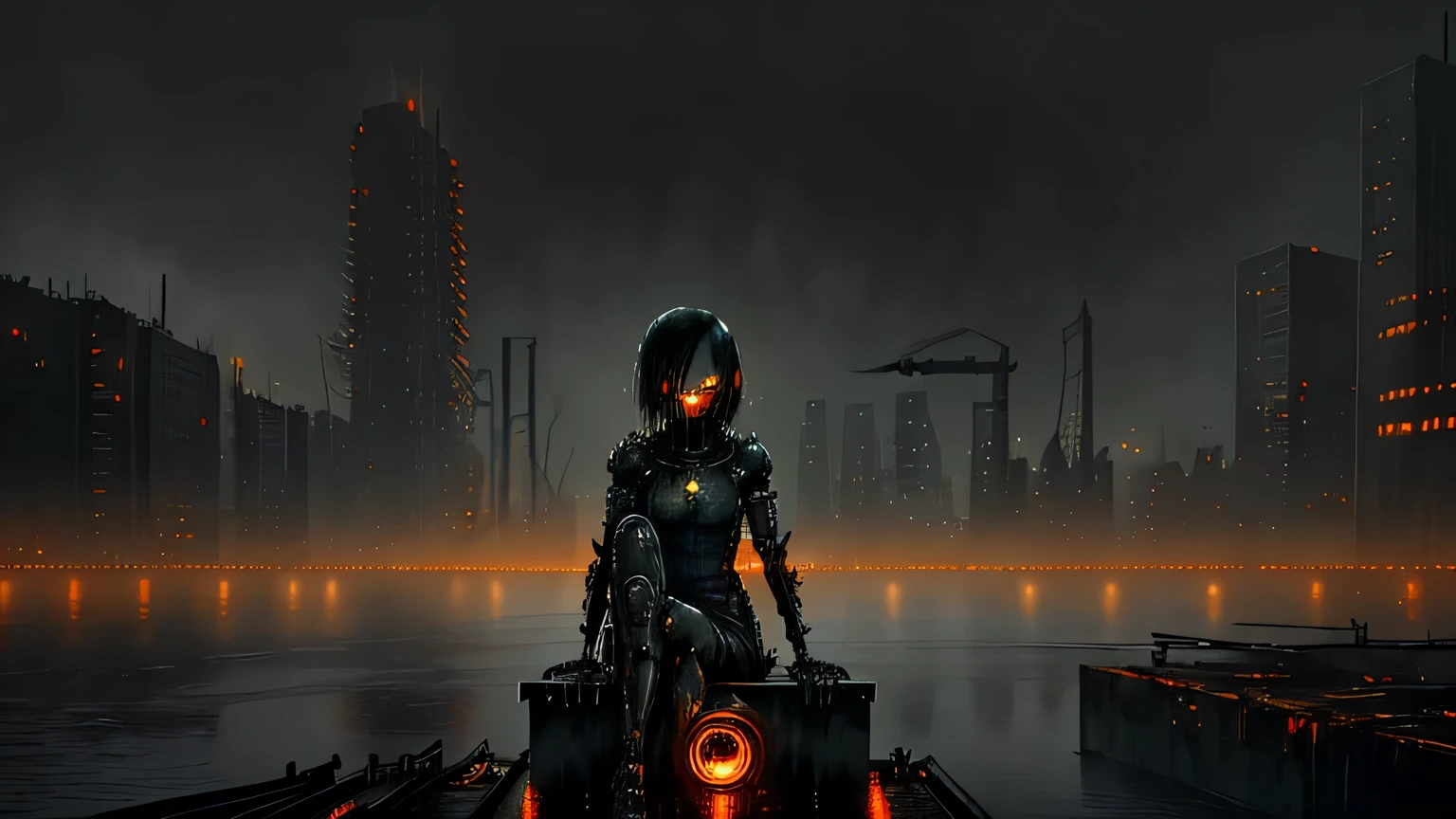 (dark hopeless art), dystopian landscape, only one left, mechanized girl, sitting on a bench, skyscrapers with supports on the cold water, dark industrial landscapes, warm lights, warm orange fog, wet black concrete, highly detailed art, many details