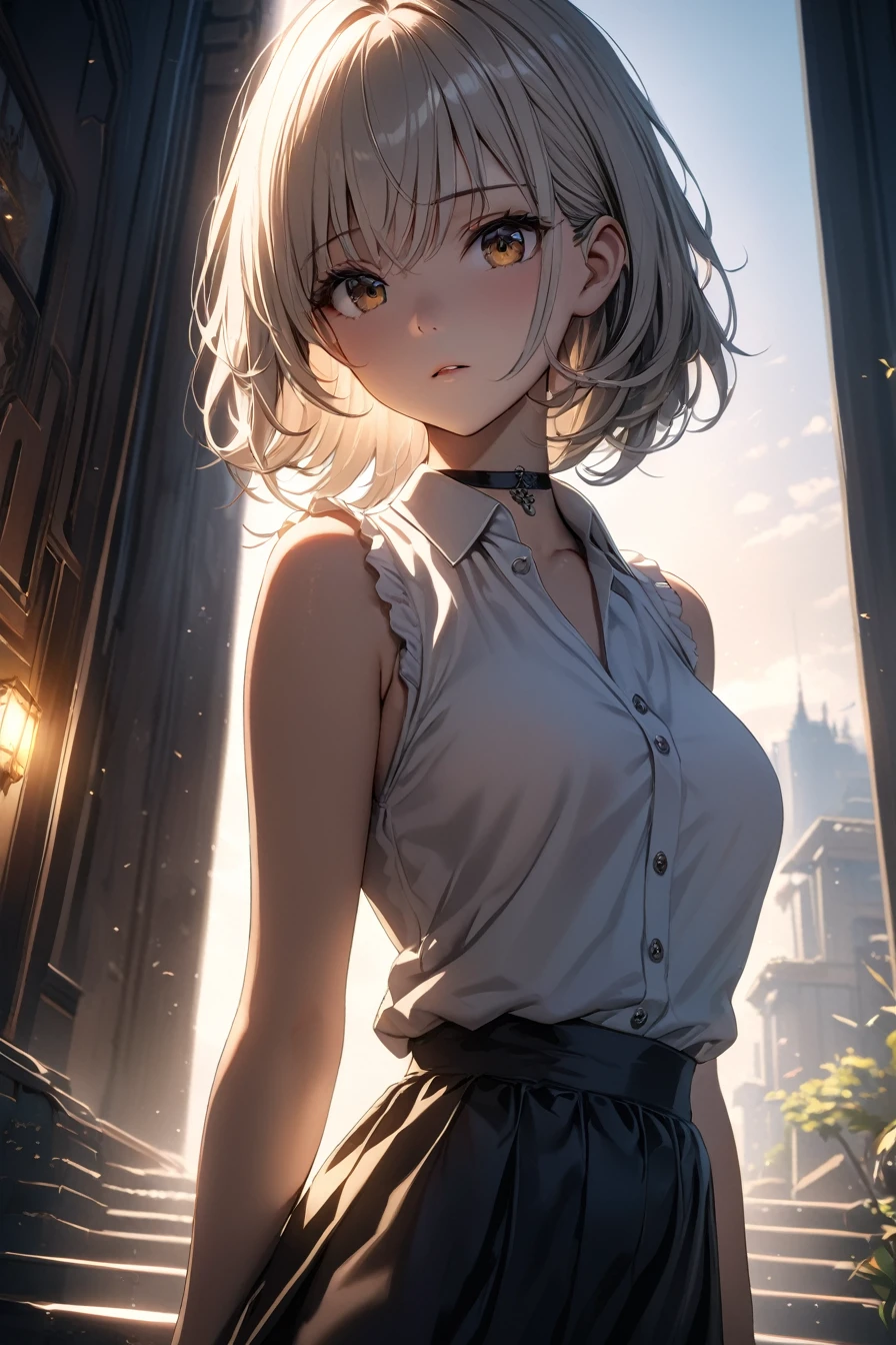 highest quality, ultra high resolution, 1 girl, sleeveless white button shirt, black skirt, black choker, cute,(platinum blonde hair:1), ((puffy eyes)), looking at the viewer(Depth of Field HDR 8k 4k Wallpaper Cinematic Angle, cinematic lighting,:1.5) (masterpiece, highest quality:2.0)