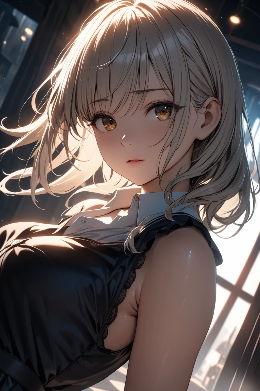 highest quality, ultra high resolution, 1 girl, sleeveless white button shirt, black skirt, black choker, cute,(platinum blonde hair:1), ((puffy eyes)), looking at the viewer(Depth of Field HDR 8k 4k Wallpaper Cinematic Angle, cinematic lighting,:1.5) (masterpiece, highest quality:2.0)