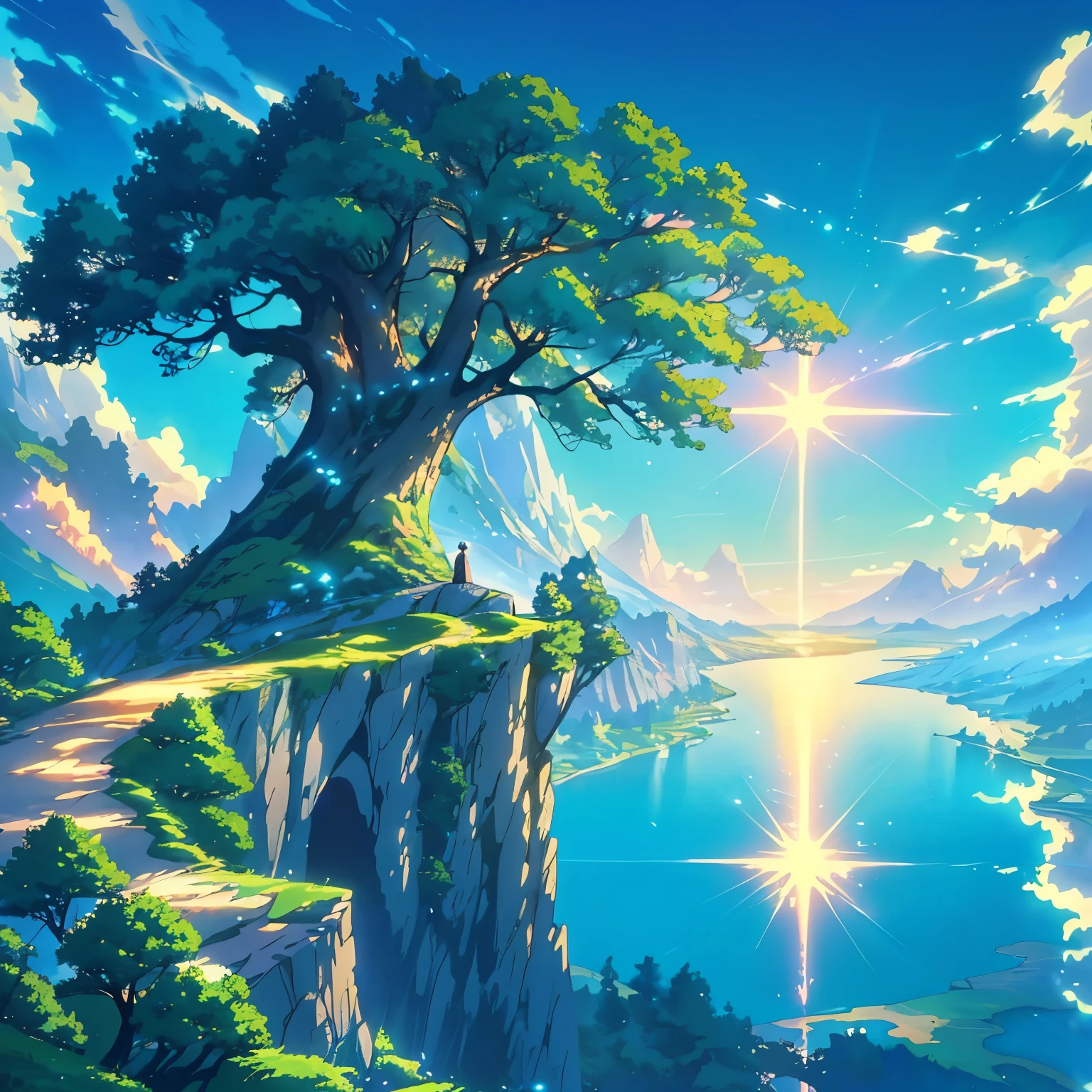 a painting of a tree on a cliff overlooking a lake, anime beautiful peace scene, anime nature wallpap, anime nature, made of tree and fantasy valley, dream scenery art, anime landscape wallpaper, beautiful anime scenery, amazing wallpaper, scenery artwork, the most beautiful landscape, makoto shinkai cyril rolando, scenery art detailed, anime background art, scenery wallpaper