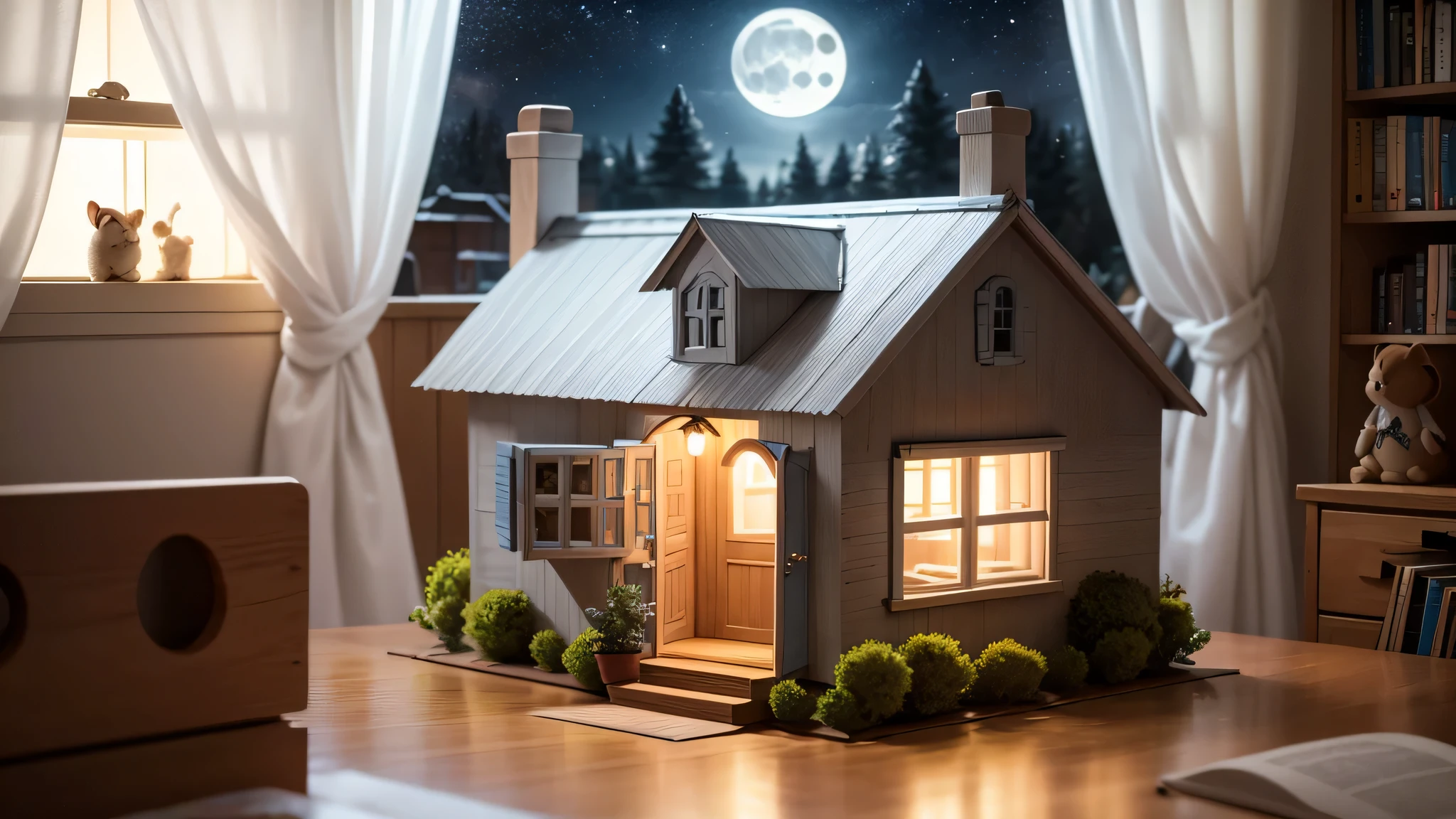 Create a children's book illustration of the following: A close up of a cute, furry grey mouse climbing into a cute wooden dollhouse. The setting of the image is at night, indoors, with the cool moonlight showing through the windows, which have flowy white curtains.