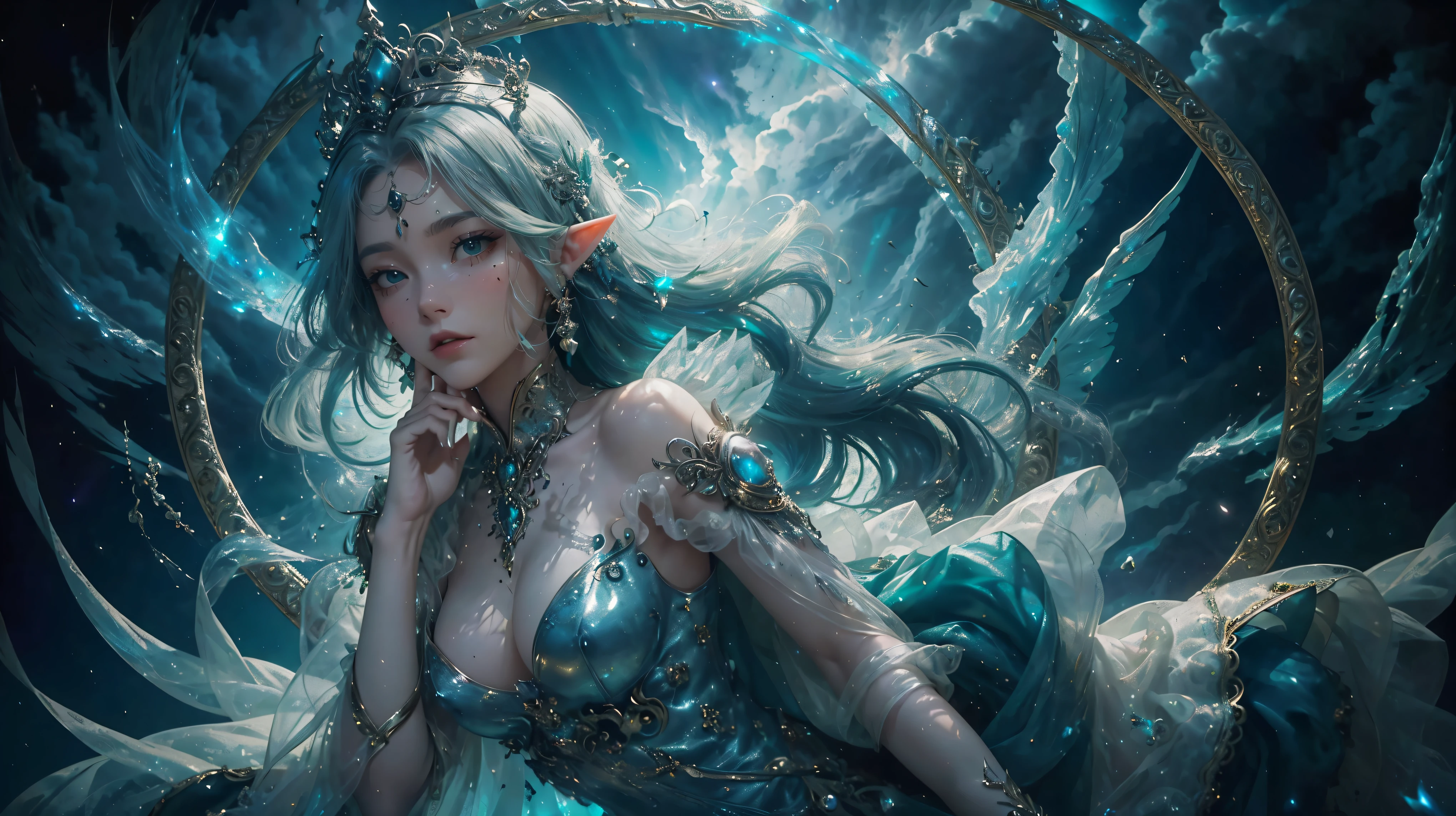 green hair elf girl"(tmasterpiece: 1.3), 8K Ultra HD resolution, Ethereal and beautiful fire goddess, smooth private parts, Captivating action (lewd eyes, The is very detailed, Bio-luminescence):1.7 , bioluminescence: 1.7. (Body floating in the air): 1.5. ( Clouds are passing around, nigh sky), Mild, Personable, Pure elegance. (exquisite silk dress, Exquisite silver case, The is very detailed), (A delicate crown, The is very detailed).