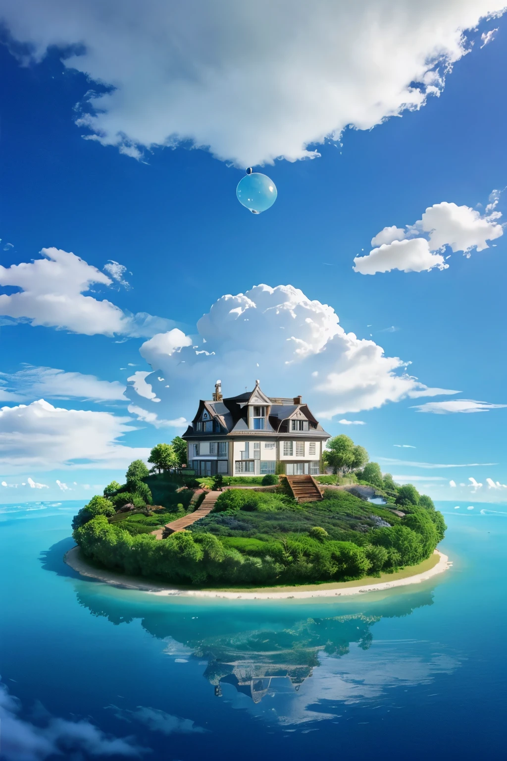 Create an island in the sky where there are beautiful houses above the clouds, a backyard with gardens, cloud bubbles and an incredibly magical blue sky