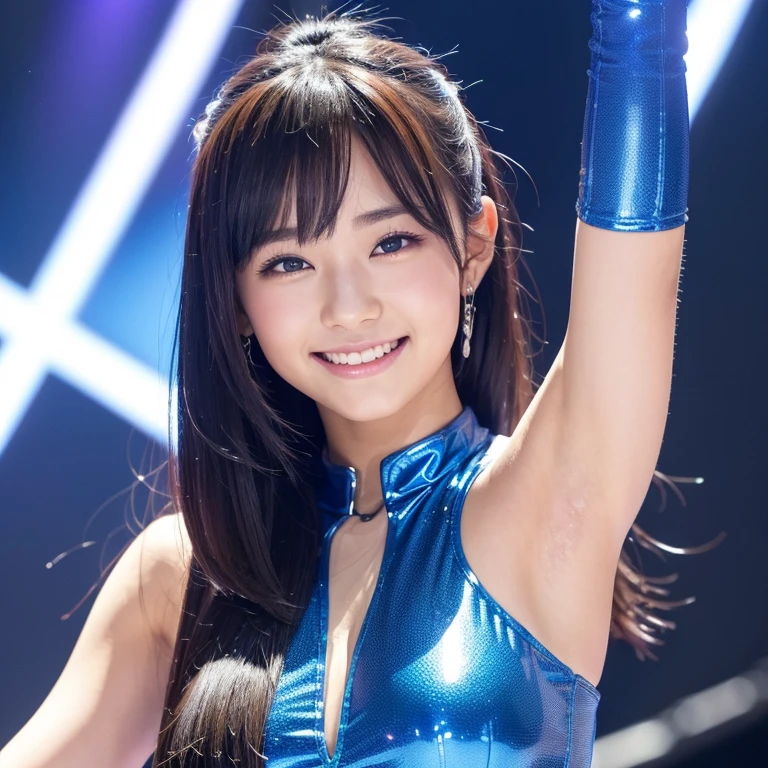 The eyes of a beautiful teenage Japanese female popular idol wearing a blue costume with a futuristic design smiling and dancing on stage at an event. Focal length 100mmf/2.8, spring day, sunny, event venue, member of a popular idol group, ideal light source, well-shaped face, full smile, clear skin, toned body, beautiful hands, large arm movements , beautiful feet, realism, close-up of eyes, 8K image quality, highest quality.