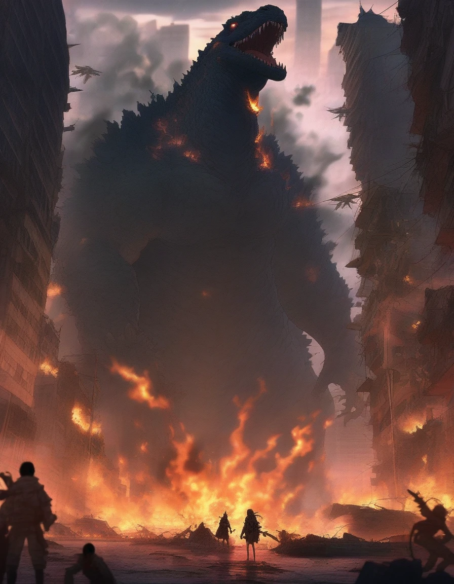 1girl, Godzilla, aesthetic, city destruction,fire-breathing monster,giant creature,dramatic lighting,breathtaking scale,Tokyo cityscape,roaring,destructive rampage,crumbling skyscrapers,terrified crowds,helicopters flying,scorching flames,chaotic scene,dark clouds,fear and chaos,monster emerging from the sea,dense smoke,rumbling footsteps,devastation,city in ruins,evacuation,heroic resistance,desperate fight,explosions,plumes of dust,streets in chaos,thick fog,emergency sirens,ruined infrastructure,dark atmosphere,rebuilding,post-apocalyptic landscape, (masterpiece), (best quality), (ultra-detailed), very aesthetic, illustration, disheveled hair, perfect composition, moist skin, intricate details, anime artwork, anime style, key visual, vibrant, studio anime, highly detailed