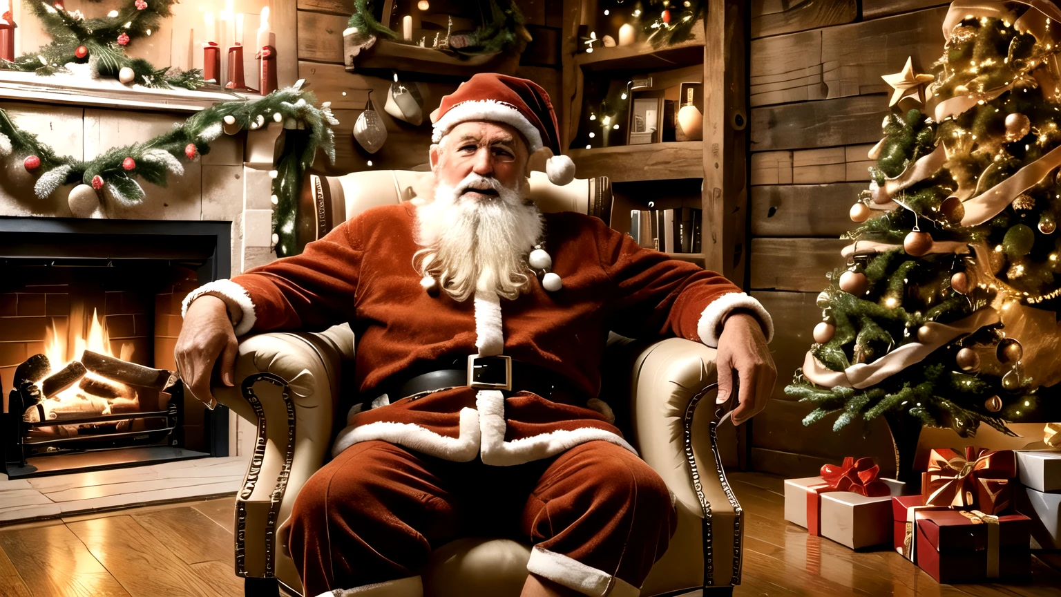 Papai Noel sitting in a chair in front of a fireplace, santa inside a rustic barn, sentado no Papai Noel, Papai Noel, santa, Papai Noele, vestindo roupas festivas, an ultra realistic, foto de retrato, imagem de alta qualidade, sentou-se em seu trono, incrivelmente realista, um hiper-realista, promo image, photographic portrait, especial, Oficina do Papai Noel, atmosfera calorosa e alegre